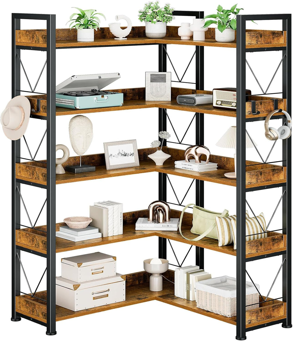 DUMOS 65 inch L Shaped Bookshelf, 5 Tier Corner Bookcase with Hooks and Edge, Industrial Pantry Shelves with Metal Frame, Wooden Open Storage for Living Room, Home Office, Bedroom, Rustic Brown