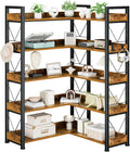 DUMOS 65 inch L Shaped Bookshelf, 5 Tier Corner Bookcase with Hooks and Edge, Industrial Pantry Shelves with Metal Frame, Wooden Open Storage for Living Room, Home Office, Bedroom, Rustic Brown