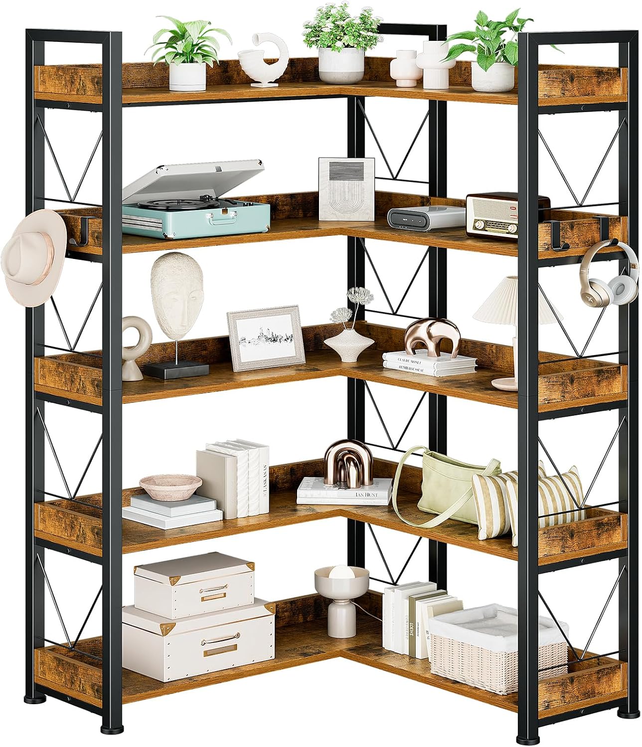 DUMOS 65 inch L Shaped Bookshelf, 5 Tier Corner Bookcase with Hooks and Edge, Industrial Pantry Shelves with Metal Frame, Wooden Open Storage for Living Room, Home Office, Bedroom, Rustic Brown