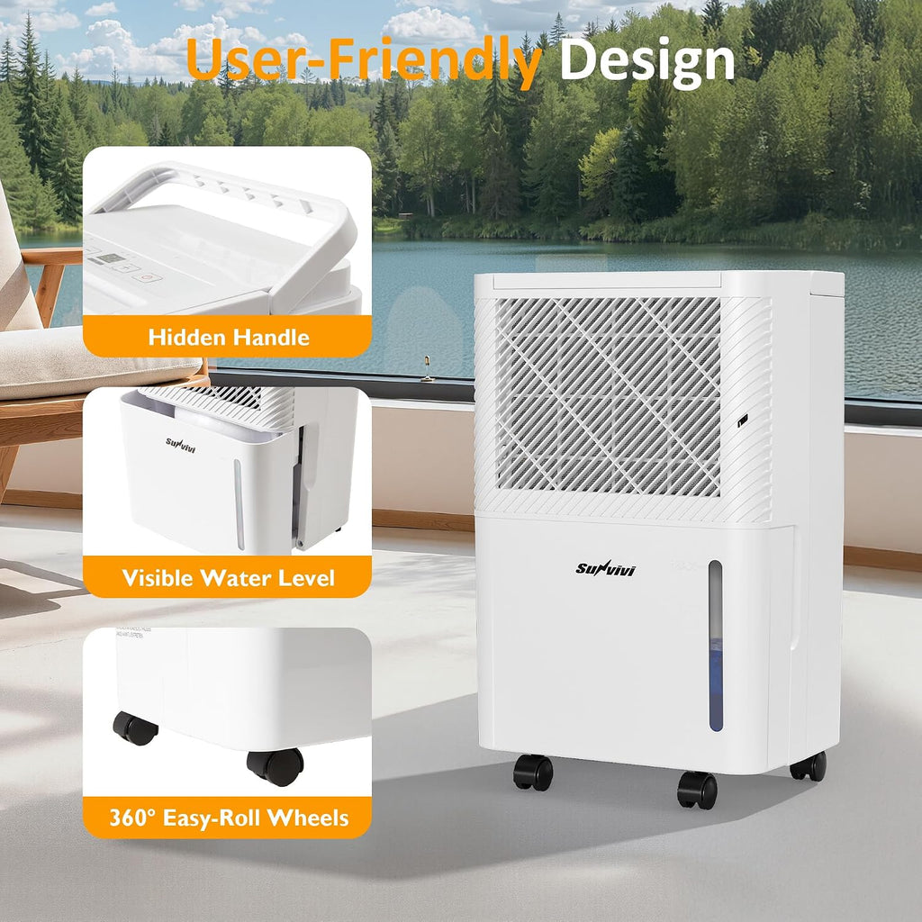 Sunvivi 22 Pints Dehumidifier for Home: 1500 Sq.Ft Dehumidifiers with 71OZ Water Tank, Drain Hose for Basement, Bedroom, Bathroom, RV, Garage, Living room, 360° Rotatable Wheels, 24H Timer, White