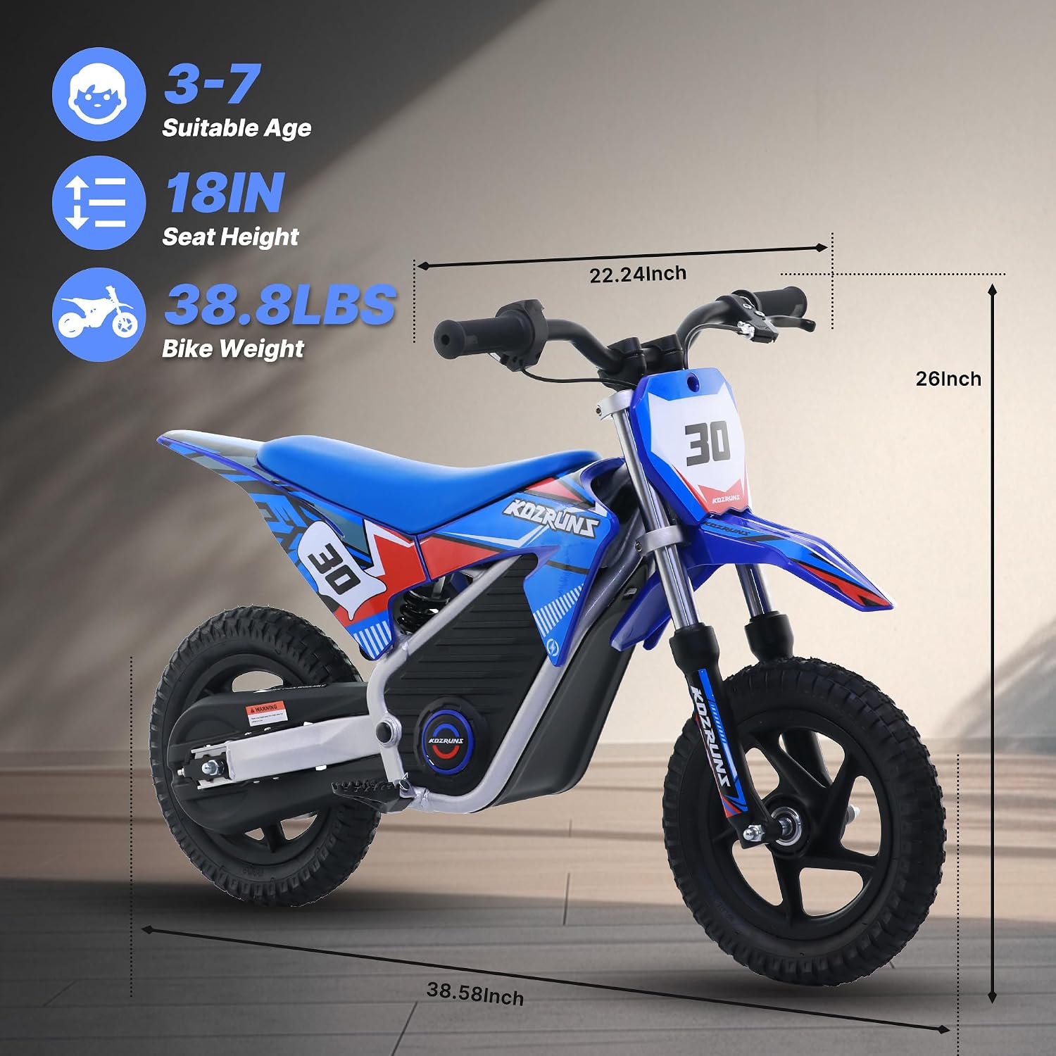 AIII 36V Electric Dirt Bike for Kids 3-8, High Performance 250W Racing Grade Motorcycle, Up to 15.5MPH, 3 Speed Settings, 12-Inch Off-Road Tires, Rear Disc Brakes & Advanced Shock Absorption, Blue