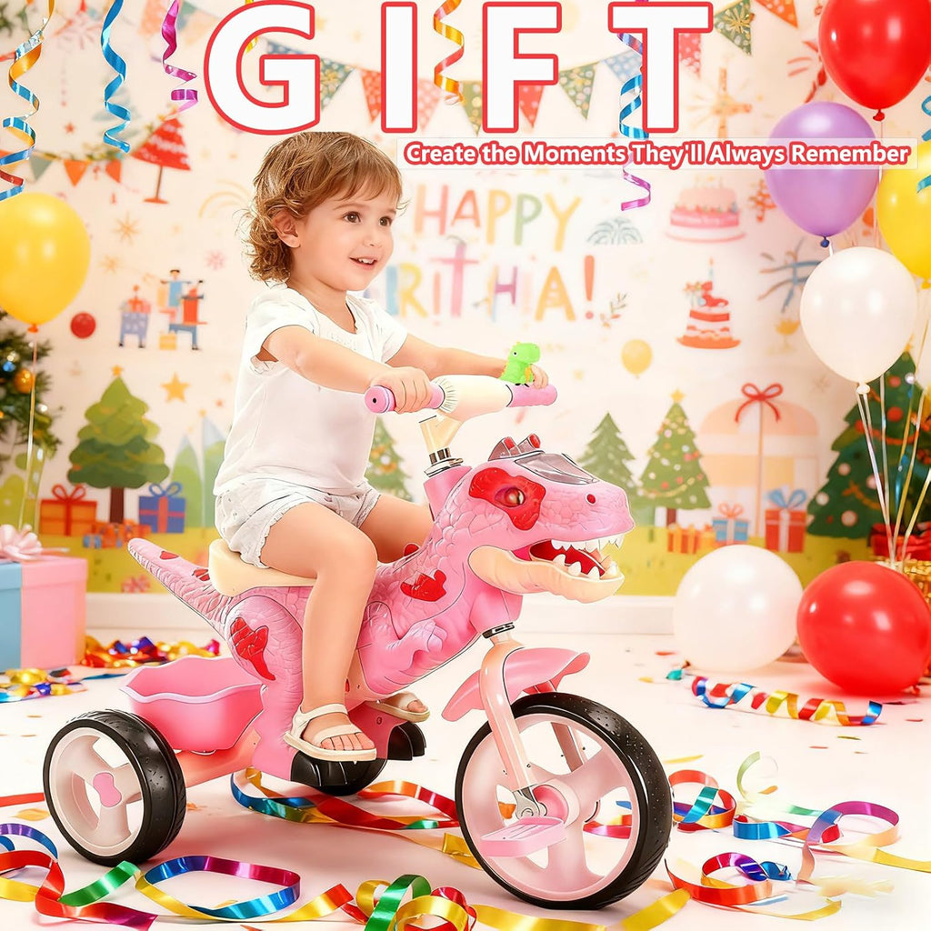 NMM Dinosaur Tricycle for Toddlers, Kids Trike with Music, LED, Tricycles for 3-5 Year Olds, for Rider, Big Wheel, Storage Basket, Horn, Toddler Bike for Boy, Dinosaur Toys for Kids 2-4 4-7