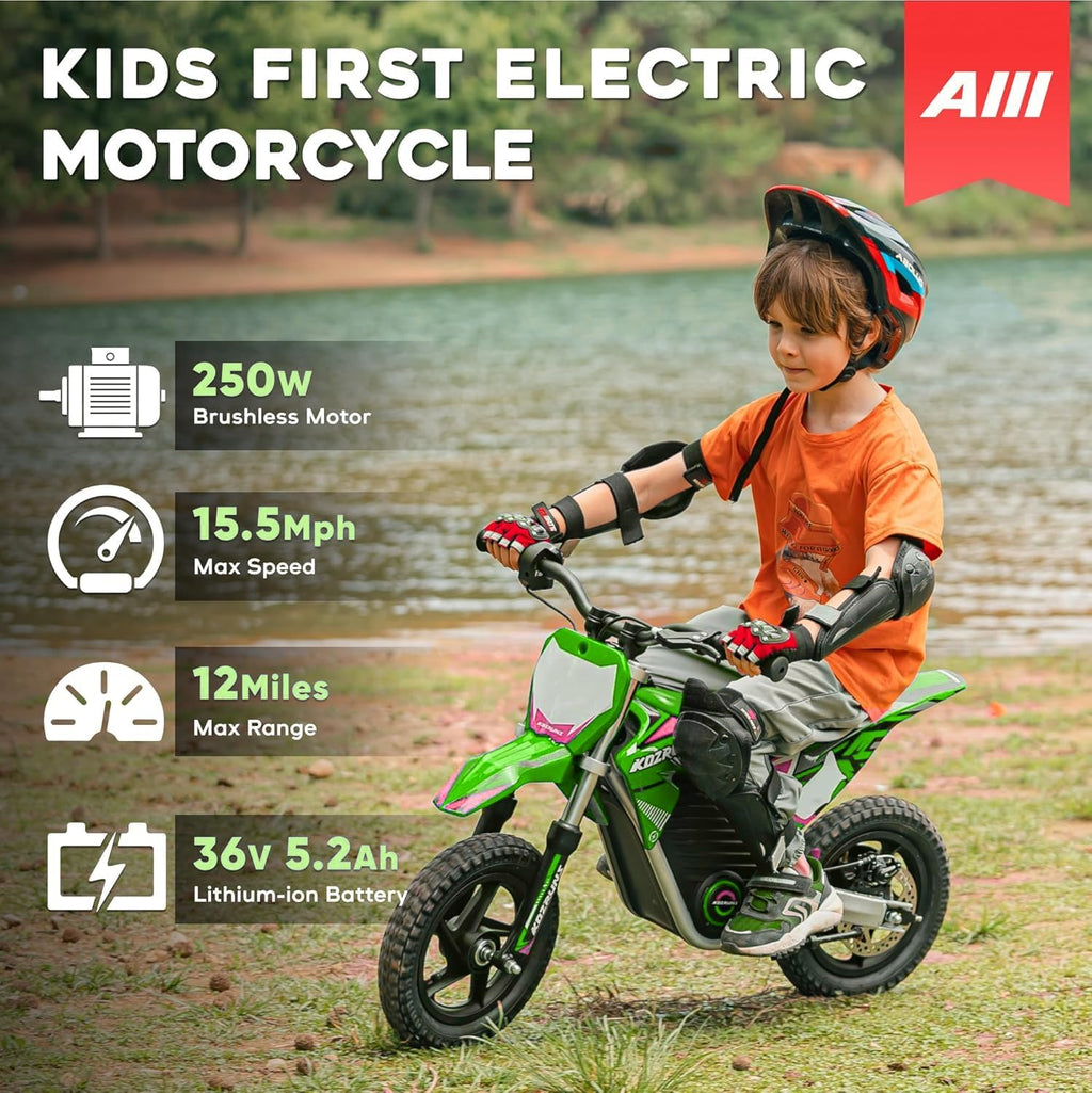 AIII 36V Electric Dirt Bike for Kids 3-8, High Performance 250W Racing Grade Motorcycle, Up to 15.5MPH, 3 Speed Settings, 12-Inch Off-Road Tires, Rear Disc Brakes & Advanced Shock Absorption, Green
