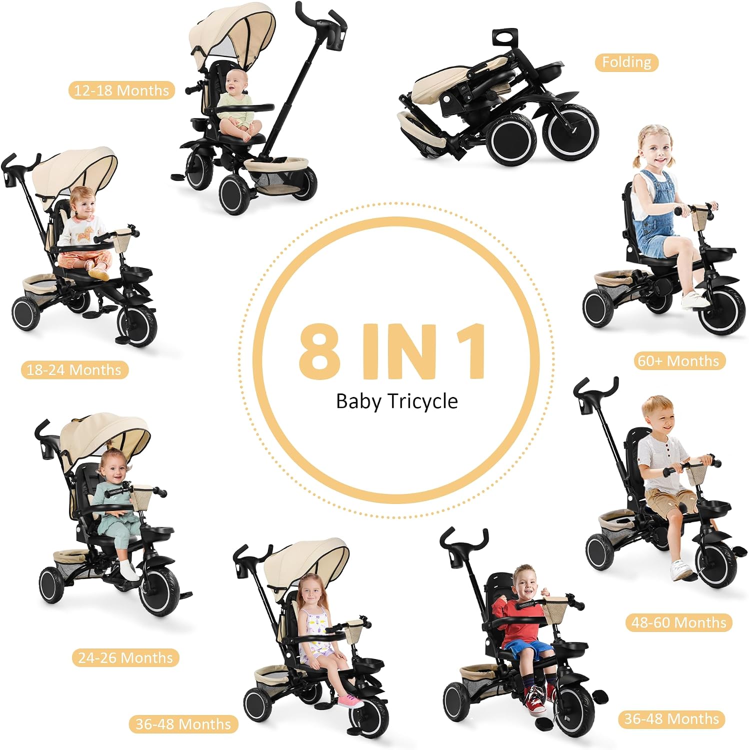 TODEFULL Folding Kids Tricycle, 8 in 1 Toddler Trike W/Removable & Adjustable Canopy, Parent Handle, 5-Piont Harness, Toddler Bike Tricycle for Kids 1-6 Years, EVA Wheels, Storage Basket, Khaki