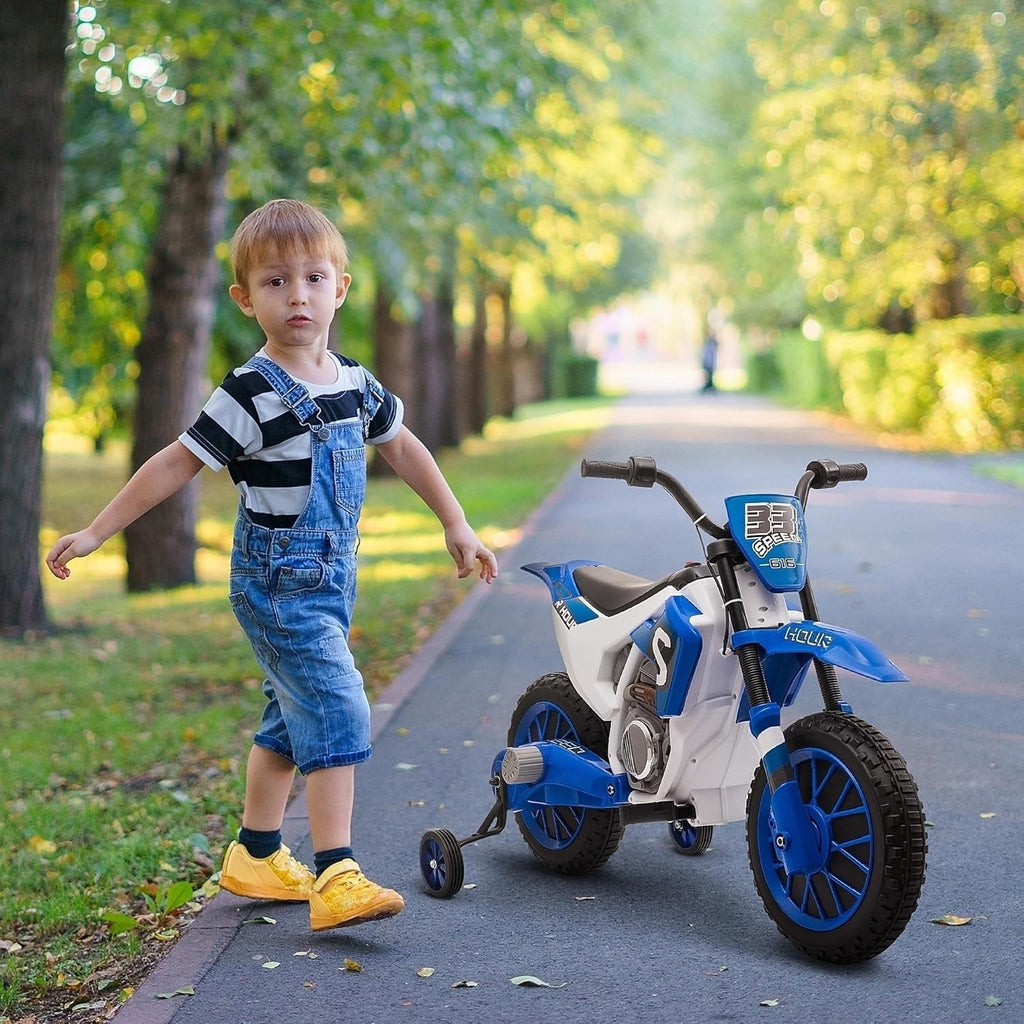 Aosom 12V Kids Motorcycle w/Treaded Tires, 5mph Top Speed Electric Bike for Kids, Ride On Motorcycle w/Training Wheels, Battery Charger, Spring Suspension, Blue