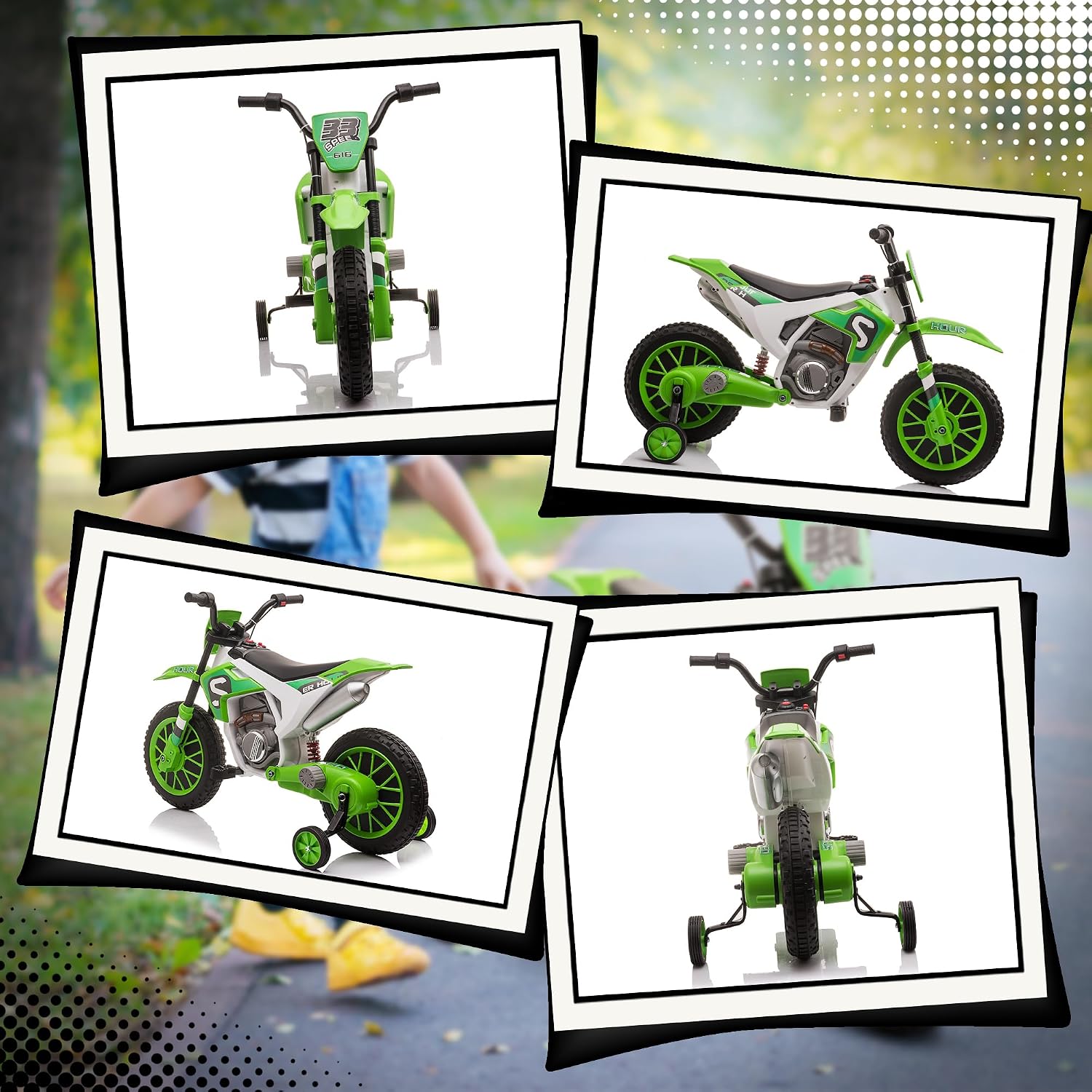 Aosom 12V Kids Motorcycle w/Treaded Tires, 5mph Top Speed Electric Bike for Kids, Ride On Motorcycle w/Training Wheels, Battery Charger, Spring Suspension, Green