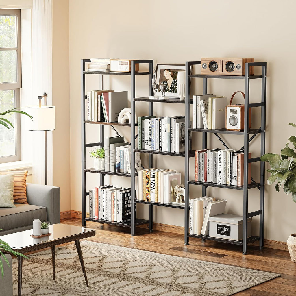 SUPERJARE Triple Bookshelf, Bookcase with 11 Open Display Shelves, Wide Book Shelf Book Case for Home & Office, 4 Tier, Black