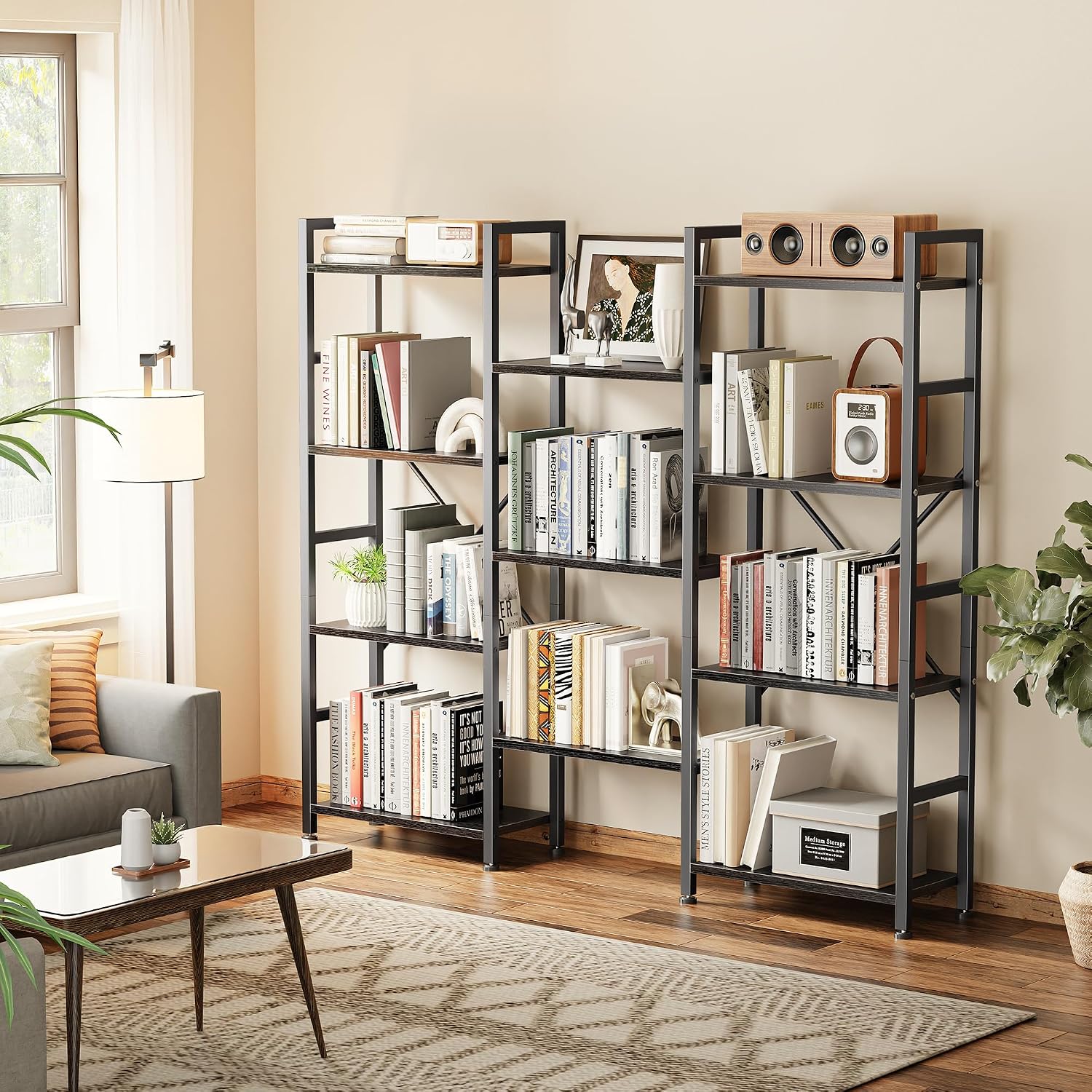 SUPERJARE Triple Bookshelf, Bookcase with 11 Open Display Shelves, Wide Book Shelf Book Case for Home & Office, 4 Tier, Black