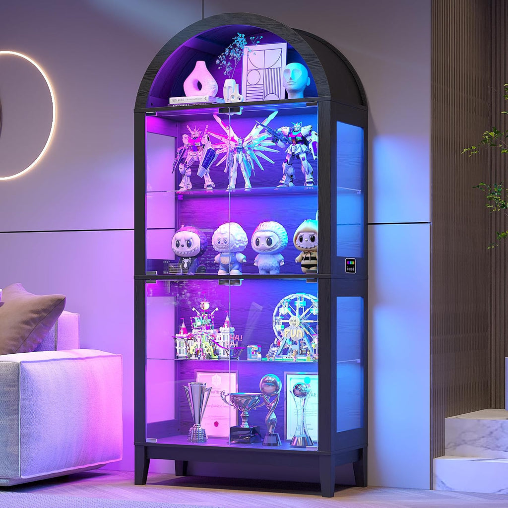 Lvifur Display Cabinet with -RGB Lights, 5-Tier 68.9' Arched Curio Cabinet with Glass Door for Collectibles, Display Case with Glass Shelves, Motion Sensor, Storage Cabinets,Bookcase,Black