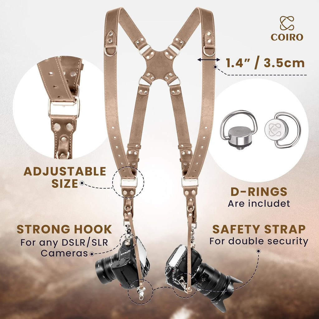 C Coiro Camera Harness for 2 Cameras Dual Shoulder Leather Camera Strap for DSLR/SLR, Camera Straps for Photographers