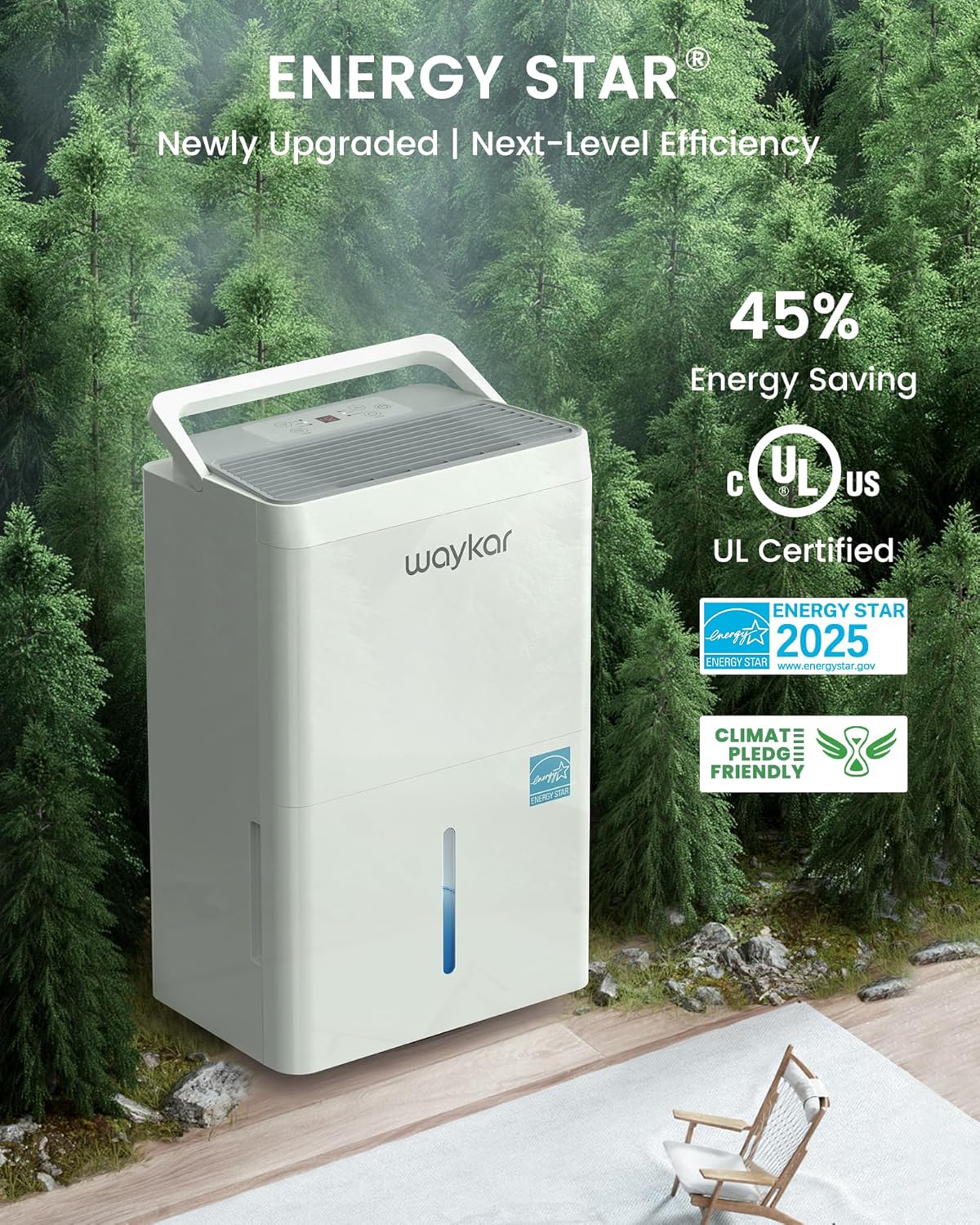 Waykar 5000 Sq.Ft Energy Star Dehumidifier for Basement & Home, 80 Pint/Day with Drain Hose & Tank, Ultra Quiet (40 dB), Smart Auto Comfort Mode