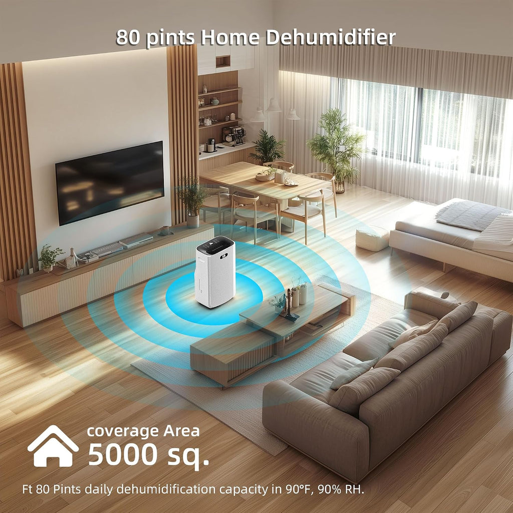 5000 Sq.Ft Dehumidifier for Basement with Drain Hose, 80 Pint Dehumidifiers for Home with Large 6.5L Water Tank,24H Timer,Child Lock,Defrost,Silent,4 Modes Operation Auto Shut-off(80 Pints)