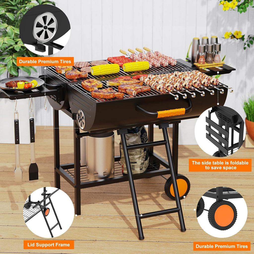 Extra Large Charcoal Barbecue Grill, 871 Square Inches Cooking Space, Outdoor Barrel BBQ Grill with 2 Foldable Side Tables for Outdoor Backyard Patio Picnic Parties Camping, Black