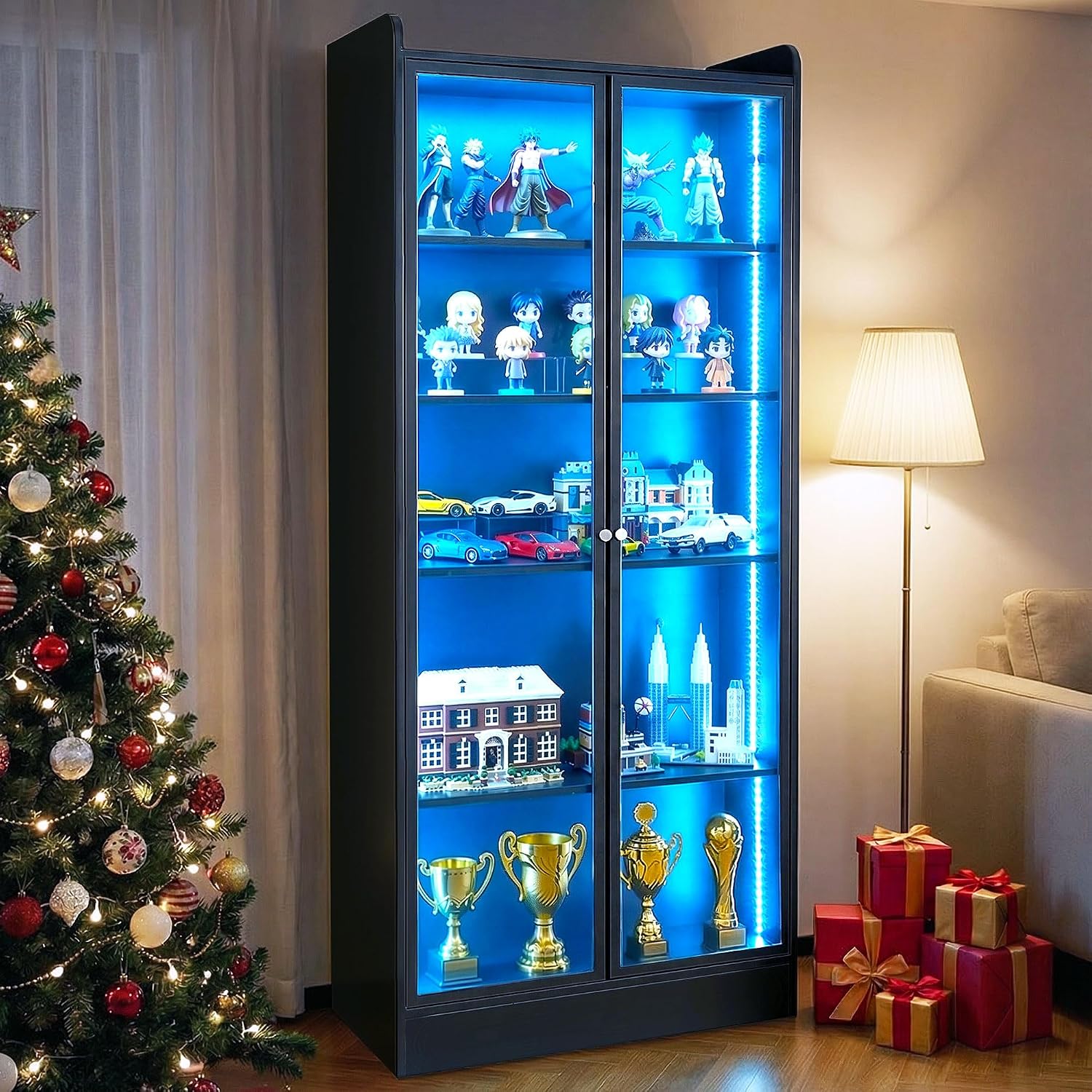 VEVOR Display Cabinet with Doors, 67in Tall Display Case with 2 Adjustable Shelves, 3 LED Lights, 5-Tier Curio Collectibles Storage Cabinet, Bookshelf Bookcase for Pantry Bedroom Living Room Office