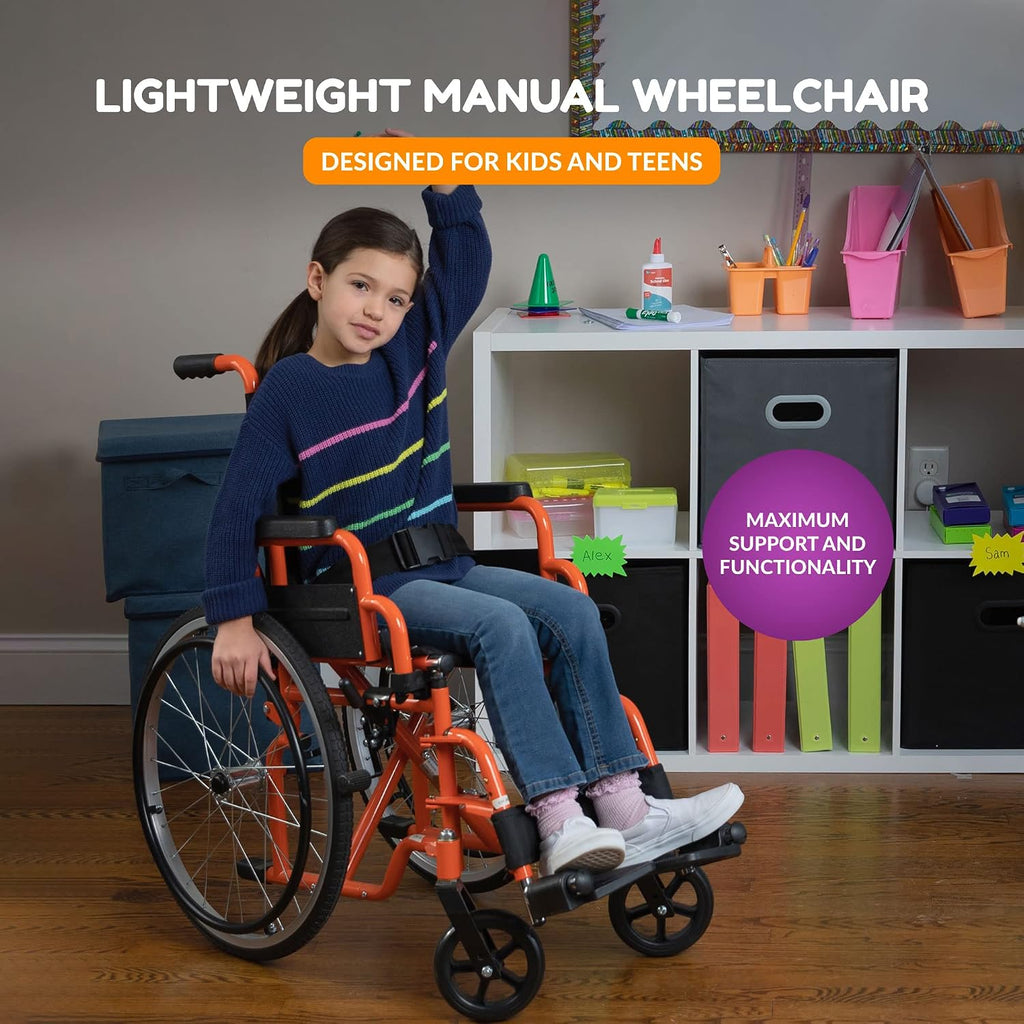 Ziggo 12' Seat Width Pediatric Wheelchair for Kids & Children, Lightweight, Manual Folding Wheelchair w/Safety Belt, Swing-Away Foot Support w/Straps, Desk Length Arm Rests