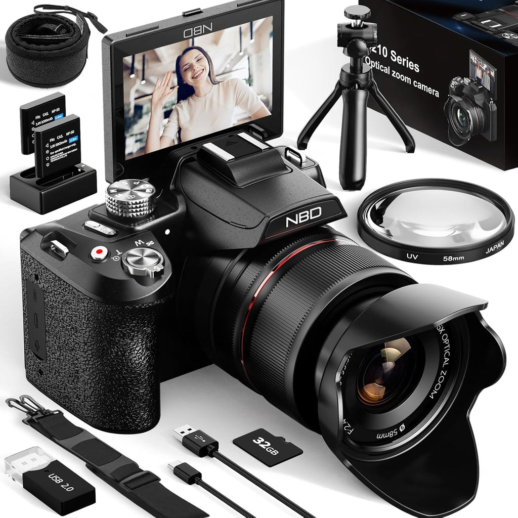 NBD 64MP Digital Cameras for Photography,5K Vlogging Cameras for YouTube,16X Optical Zoom Travel Point and Shoot Digital Cameras Fotograficas with 180°Flip Screen,58mm UV Lens,2 Batteries（Black）