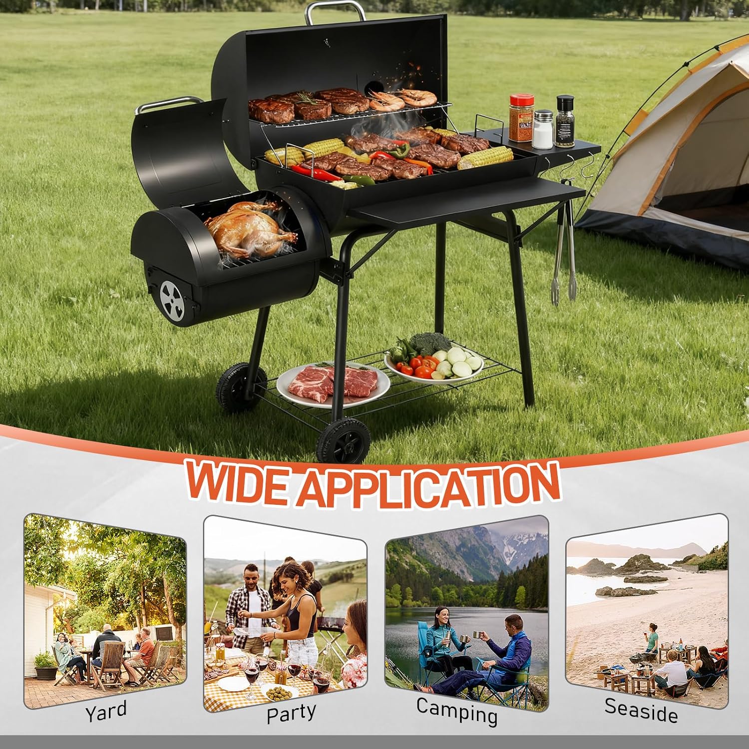 Outvita Charcoal Grill with Offset Smoker, Barrel Barbecue Smoker Grill with Spacious Cooking Area for BBQ, Backyard Patio Picnic Parties Camping, Black