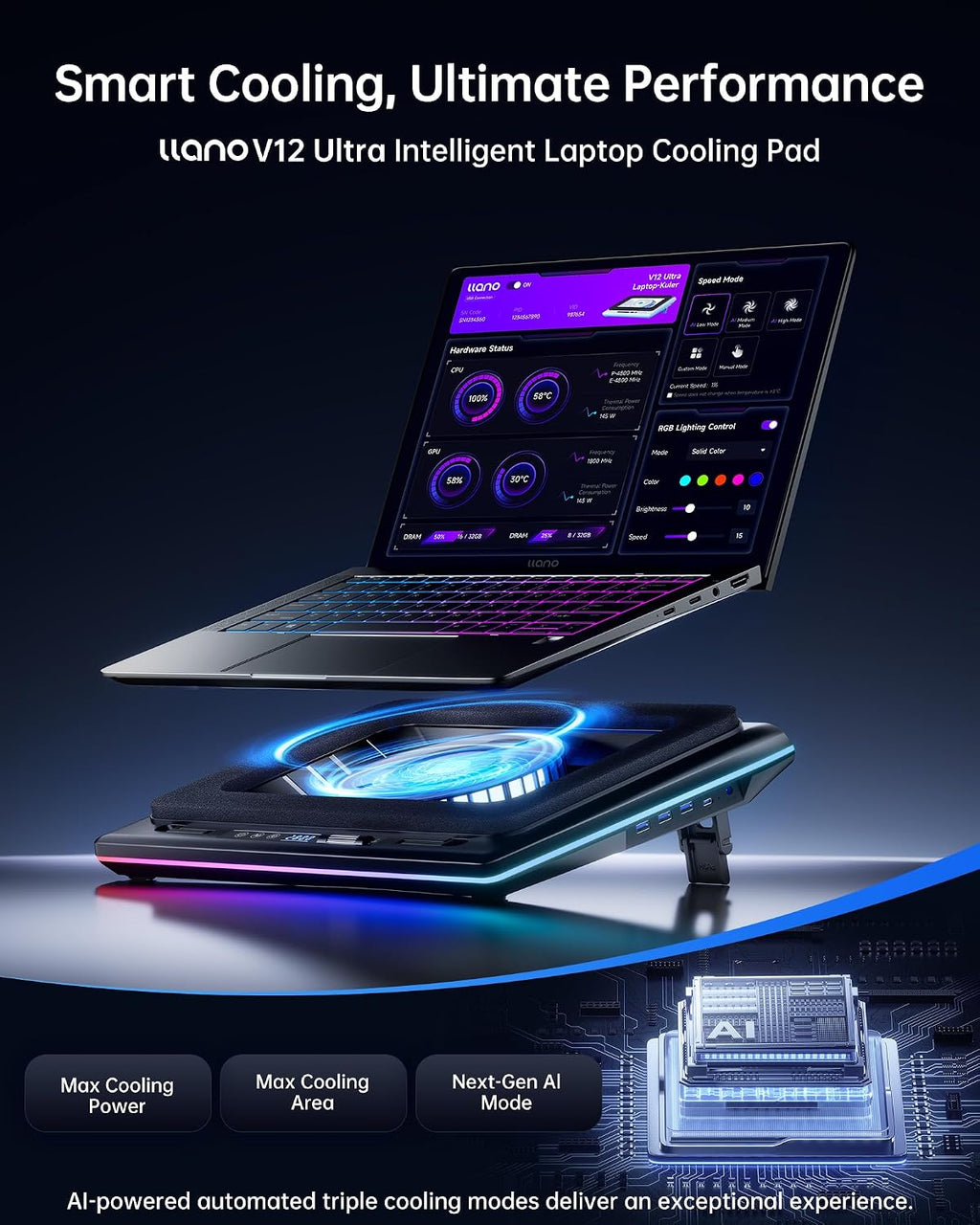 llano V12 Ultra Laptop Cooling Pad with Smart Software Control, RGB Gaming Laptop Fan Cooler Stand, 5.5' Turbo Fan, Adjustable Speed, 3-Port USB 3.0 Hub, 3 Height Stands, for 15.6'-19' Laptops, Black