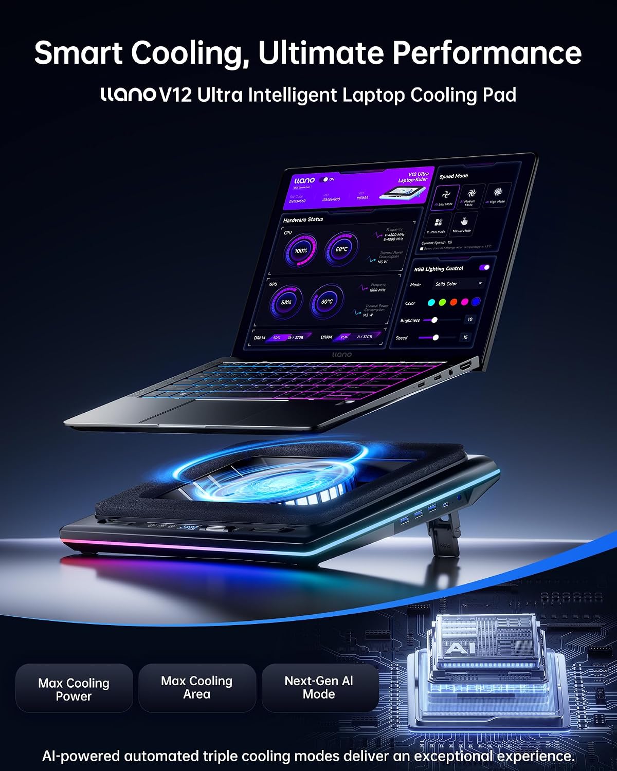llano V12 Ultra Laptop Cooling Pad with Smart Software Control, RGB Gaming Laptop Fan Cooler Stand, 5.5' Turbo Fan, Adjustable Speed, 3-Port USB 3.0 Hub, 3 Height Stands, for 15.6'-19' Laptops, Black