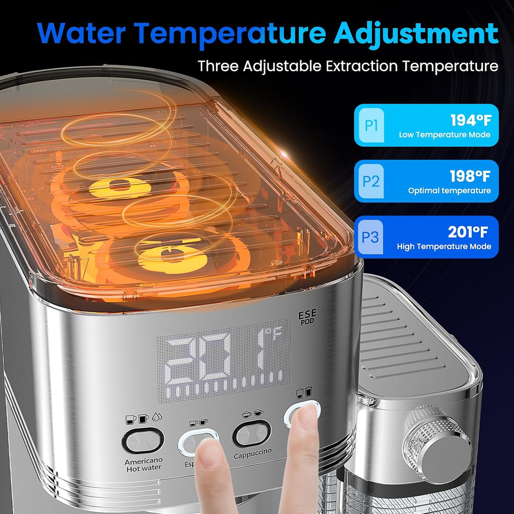 Espresso Machine 20 Bar Temperature Time LED Display Espresso Maker with Stepless Adjustable Automatic Milk Frother for Cappuccino Latte Americano Stainless Steel Coffee Machine with ESE Pod Filter