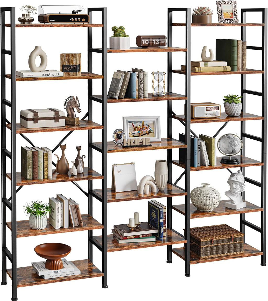 SUPERJARE Triple Bookshelf, Bookcase with 17 Open Display Shelves, Wide Book Shelf Book Case for Home & Office, 6 Tier, Brown