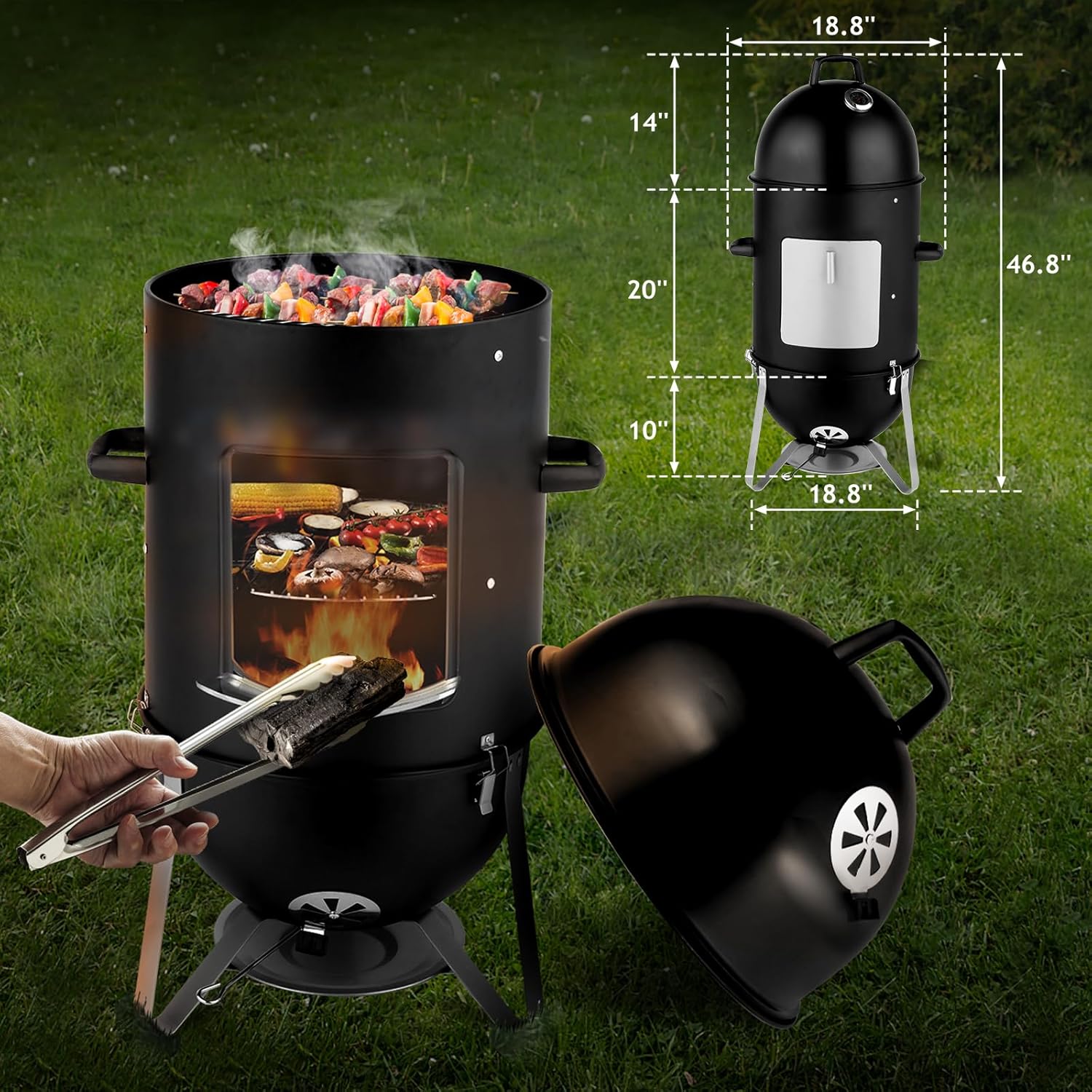 LEADZM 4-Tier 3-in-1 Vertical Charcoal Grill, BBQ Charcoal Smoker with Built-in Thermometer, Air Vent, and Access Doors, Perfect for Camping, Picnics, Backyard BBQs, and Tailgating Parties
