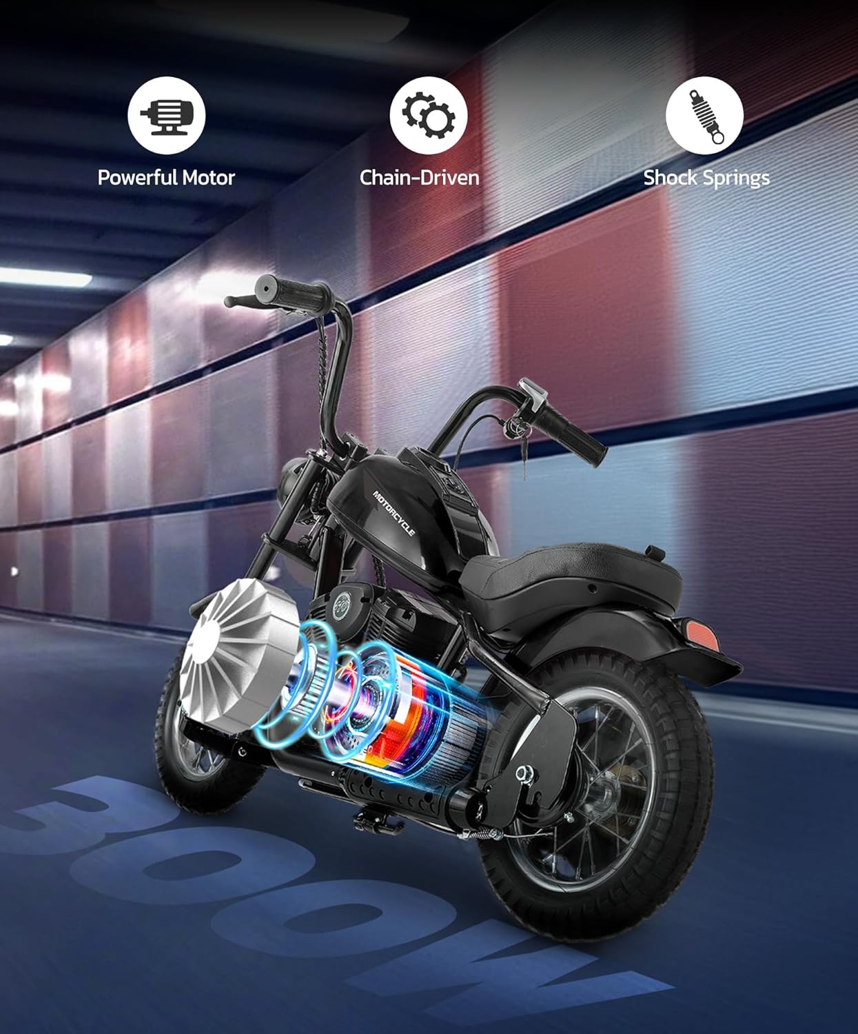 ELEMARA Electric Dirt Bike, 15 mph & 150lb Max, 24V Ride on Toy for Big Kids w/LED Lights & Power Display, Chain-Driven Motor, Twist-Grip Throttle, Shock Springs, Handbrake, 12' Air-Filled Tires-Dark