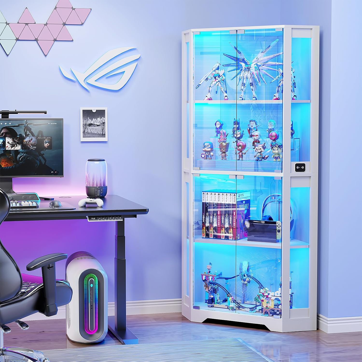 BROTTAR Corner Display Cabinet with Glass Doors, 65' Lighted Curio Display Case with 3 Color Lights for Collectibles, Books, 4-Tier Bookcase with Human Body Sensor, White