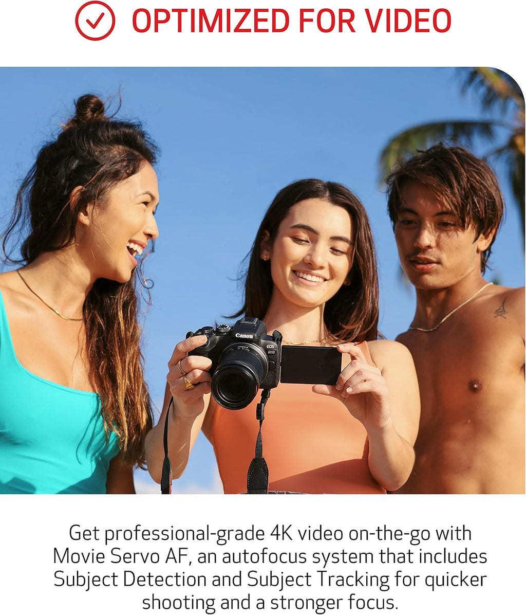 Canon EOS R10 Content Creator Kit, Mirrorless Vlogging Camera with RF-S18-45mm F4.5-6.3 is STM Lens, Tripod and Stereo Microphone, 24.2 Megapixel CMOS (APS-C) Sensor, 4K Video, Black