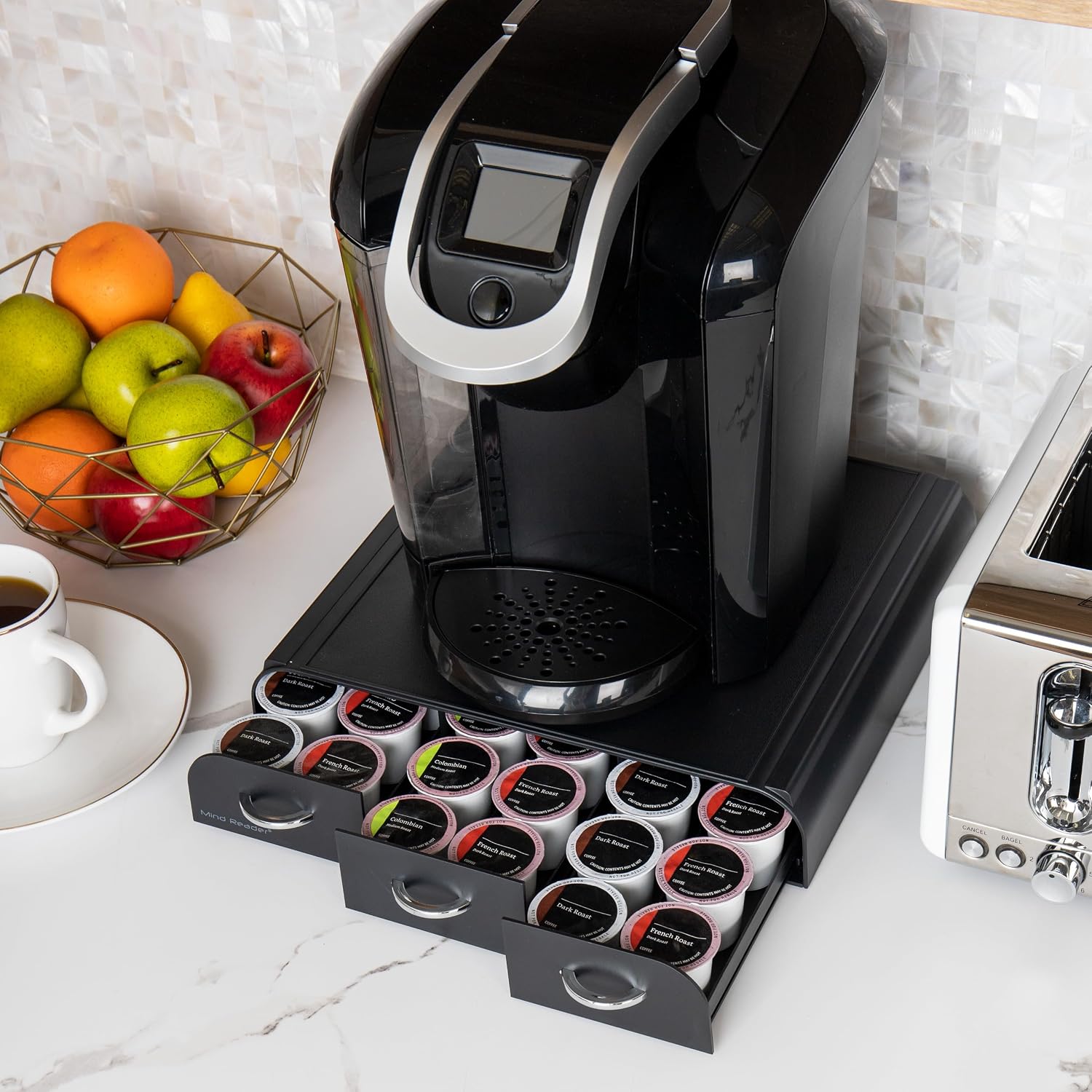 Mind Reader Single Serve Coffee Pod Organizer with 3 Drawers, 36 Pod Capacity, 13.5'L x 12.25'W x 2.5'H, Black (Pack of 8)