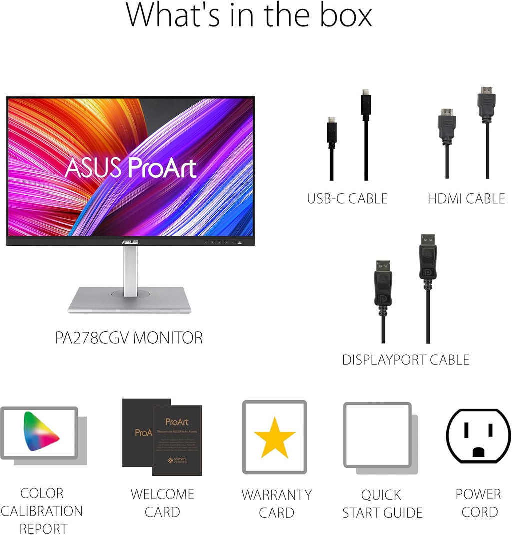 ASUS ProArt Display 27' 1440P Professional Monitor (PA278CGV) - IPS, QHD (2560 x 1440), 144Hz, 95% DCI-P3, ΔE < 2, Calman Verified, USB-C PD 90W, FreeSync Premium, DisplayHDR 400, Height Adjustable
