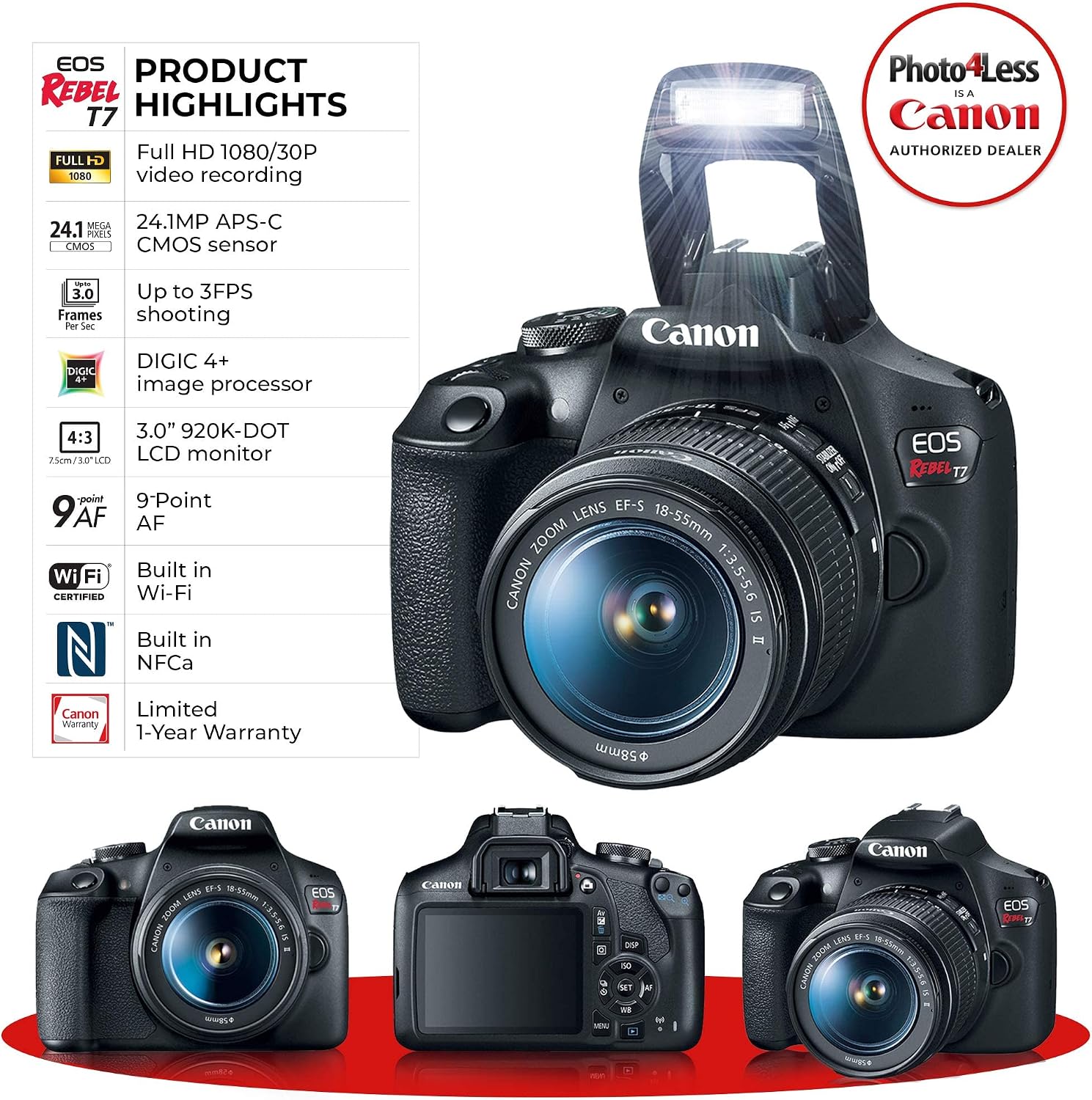 Canon EOS Rebel T7 Digital SLR Camera with EF-S 18-55mm f/3.5-5.6 is STM Lens + 64GB Memory Card + Wide Angle and Telephoto Lens + Tripod + Extra Battery + Remote + Slave Flash (Renewed)