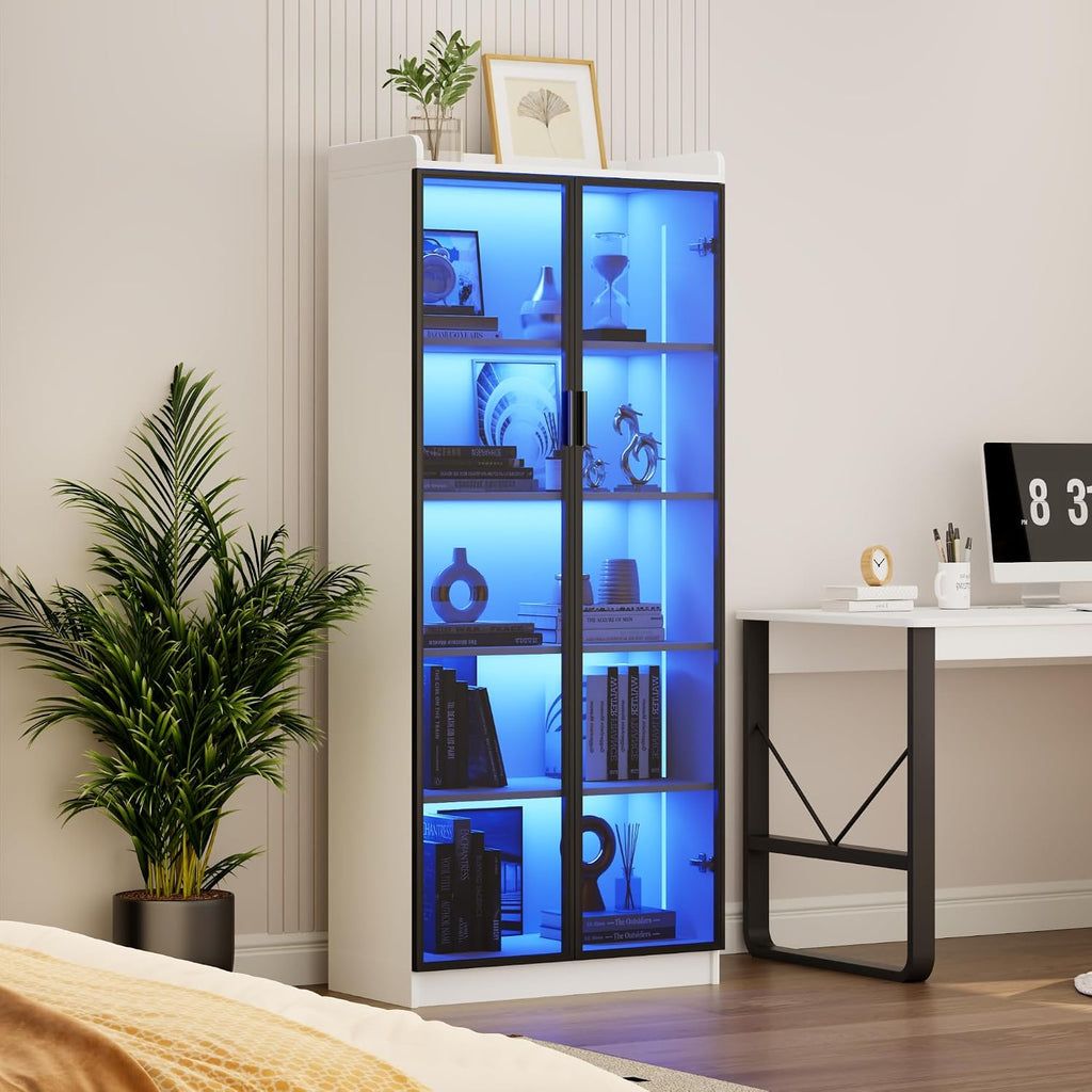 Dystler Display Cabinet with Doors and Adjustable Shelves, 65' Tall Bookcase with LED Lights/Human Sensor, 5 Tier Display Case for Collectibles Bedroom Living Room Office, White