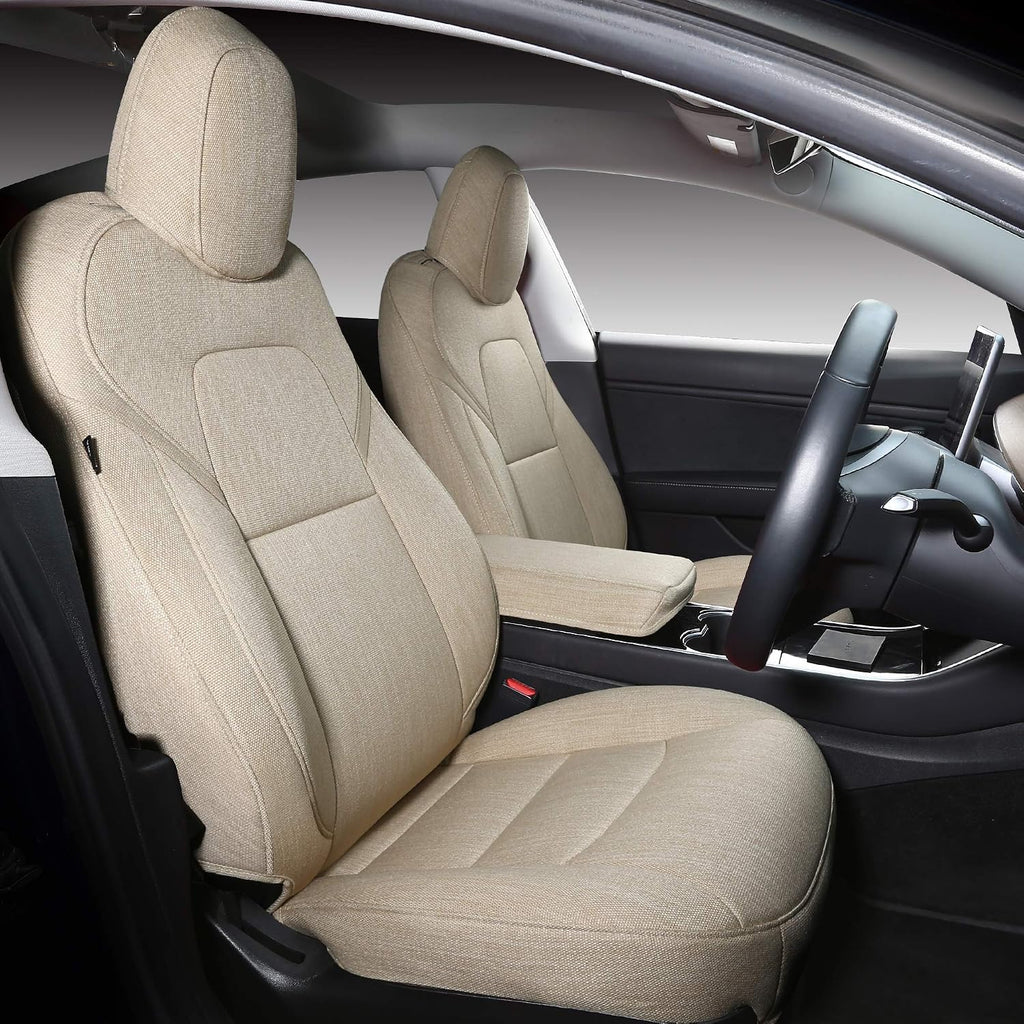 Car Seat Cover for Tesla Model 3 Synthetic Linen Cloth Breathable Sweat-Proof Seat Cushion Custom Fit for 2017 2018 2019 2020 2021 2022 (Fabric Beige 3)