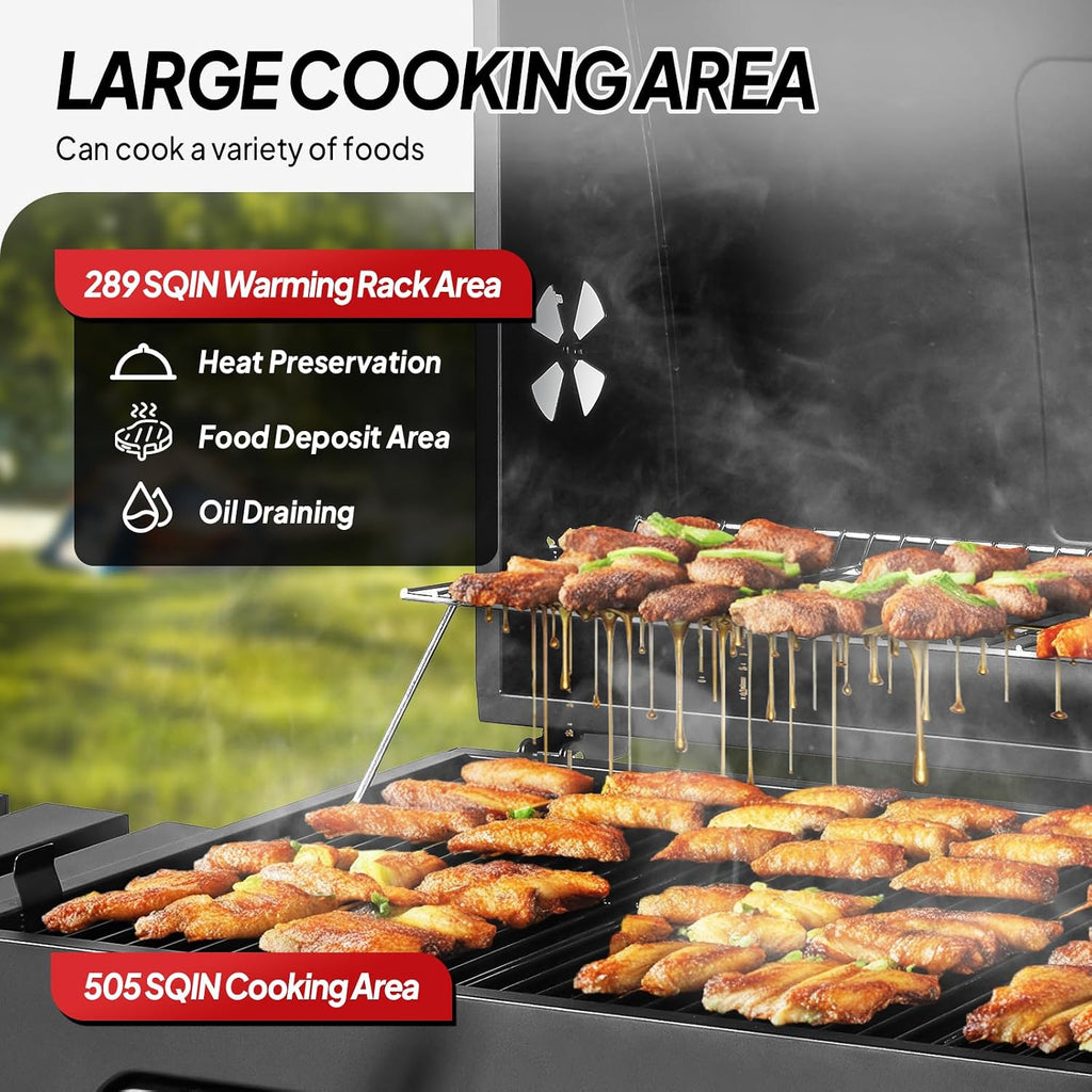 ROVSUN Charcoal Grill with Two Side Tables, Extra Large Cooking Area, Two Individual Lifting Charcoal Trays, Pull-out Ash Tray, Perfect BBQ Grill for Outdoor Picnic, Black