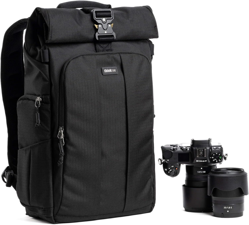 Think Tank FocusPoint 22L RollTop Camera Backpack - Asphalt Black: Expandable Travel & Camera Backpack with Laptop Sleeve, Quick Side and Back Access, Rain Cover – Versatile Photography & Travel Bag