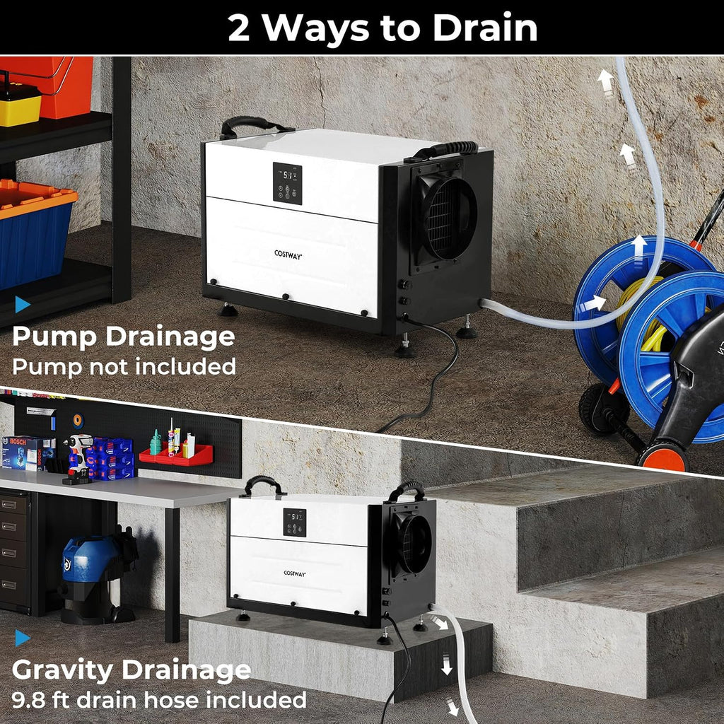 COSTWAY 155 PPD Commercial Dehumidifier, 1900 Sq.Ft Crawl Space Dehumidifier with 9.8 FT Drain Hose & Wired Remote Control Panel, Ideal for Basement, Warehouse (White)