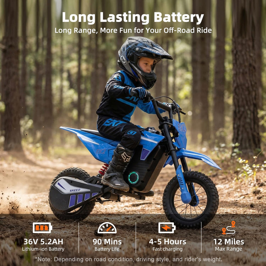 EK2 Kids Electric Dirt Bike, 350W Motor, 15 MPH Max Speed, 36V 5.2Ah Lithium Battery 12 Miles Max Range, Electric Motorcycle for Kids Aged 5-10, Blue