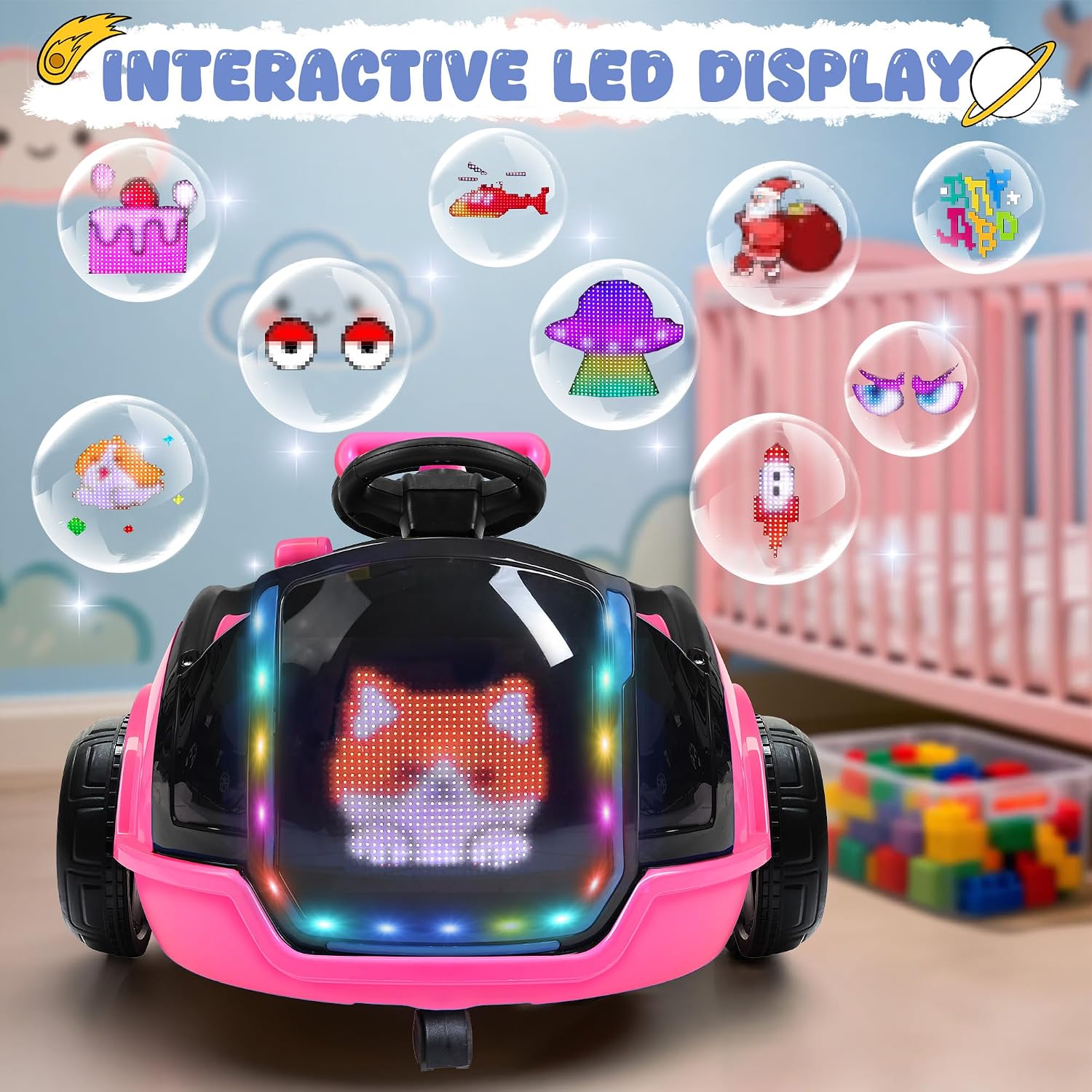 ANPABO 3-in-1 Electric Push Ride On Car, 12V Kids Ride On Toy w/Remote Control, 360° Spin, LED Display, 5-Point Safety Belt, Colorful LED Light, Music Player, Push Car for Toddler Ages 1-3 (Pink)