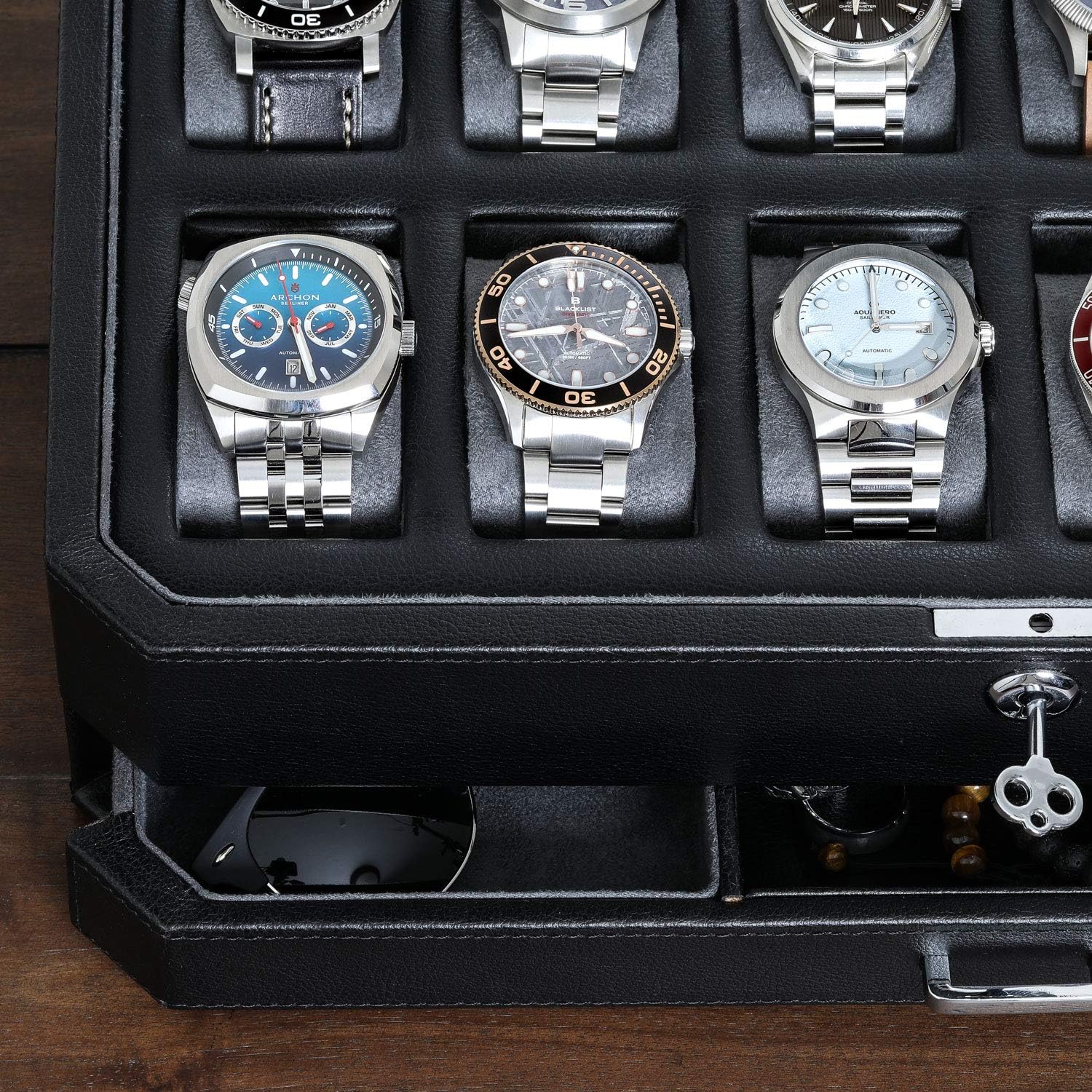 ROTHWELL 12 Slot Leather Watch Box with Valet Drawer - Luxury Watch and Jewelry Case Display Organizer, Microsuede liner, Mens Locking Storage Holder Large Glass Top (Black/Grey)