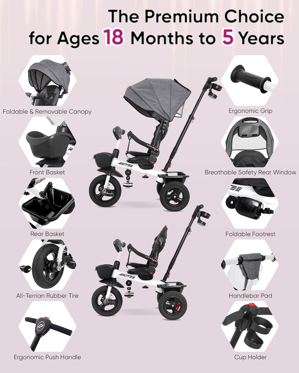 RIDYEE 7-in-1 Tricycle for 18 Months to 5 Years, All-Terrain Rubber Tires, Dual Wheel Brakes, Rotatable Seat for Toddlers 1.5-3, Tricycle for 3-5 Years with DIY Stickers, White