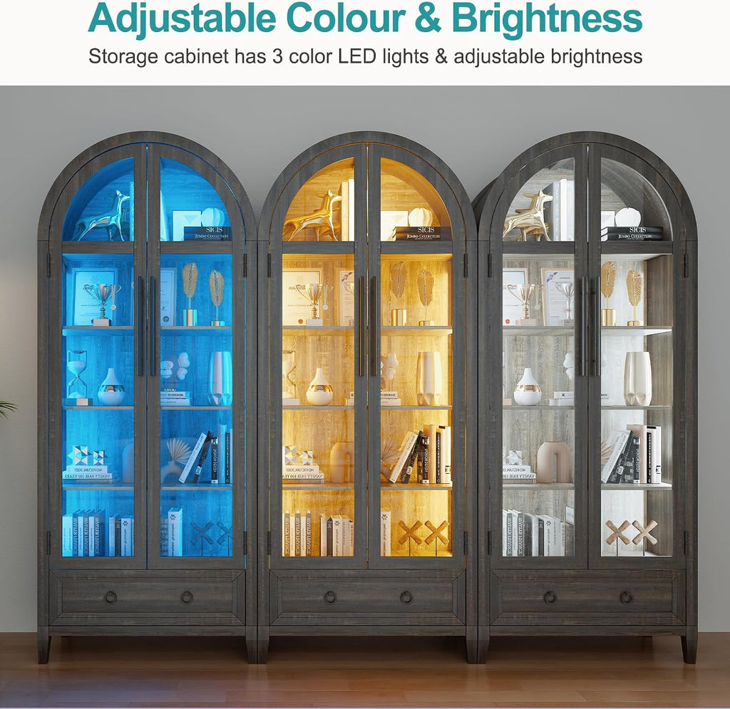 Lvifur 73' Tall Arched Display Cabinet with Glass Doors,4-Tier Storage Cabinet with Human Body Sensor,LED Curio Cabinets with 3 Color Lights for Collectibles,Ajustable Shelf for Toys, Books,Brown
