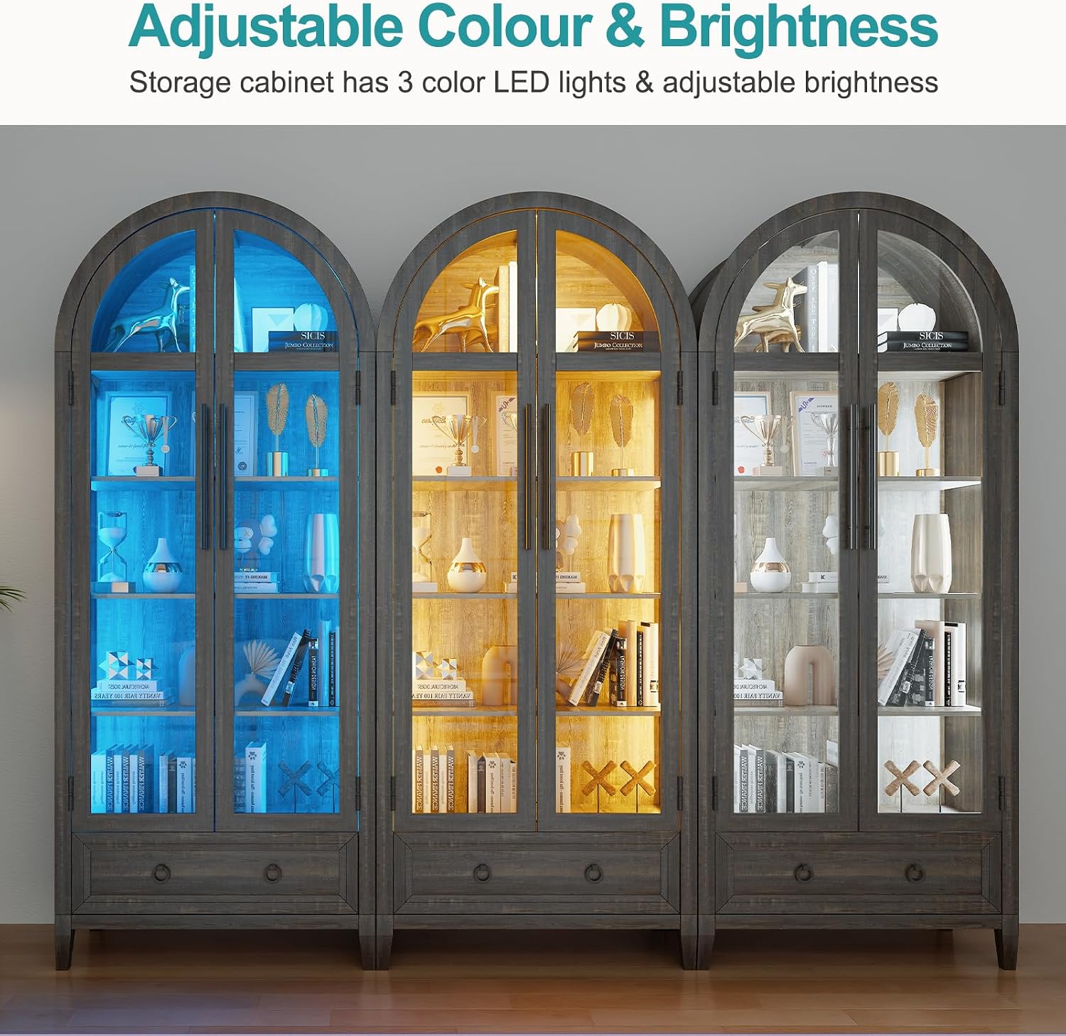 Lvifur 73' Tall Arched Display Cabinet with Glass Doors,4-Tier Storage Cabinet with Human Body Sensor,LED Curio Cabinets with 3 Color Lights for Collectibles,Ajustable Shelf for Toys, Books,Brown