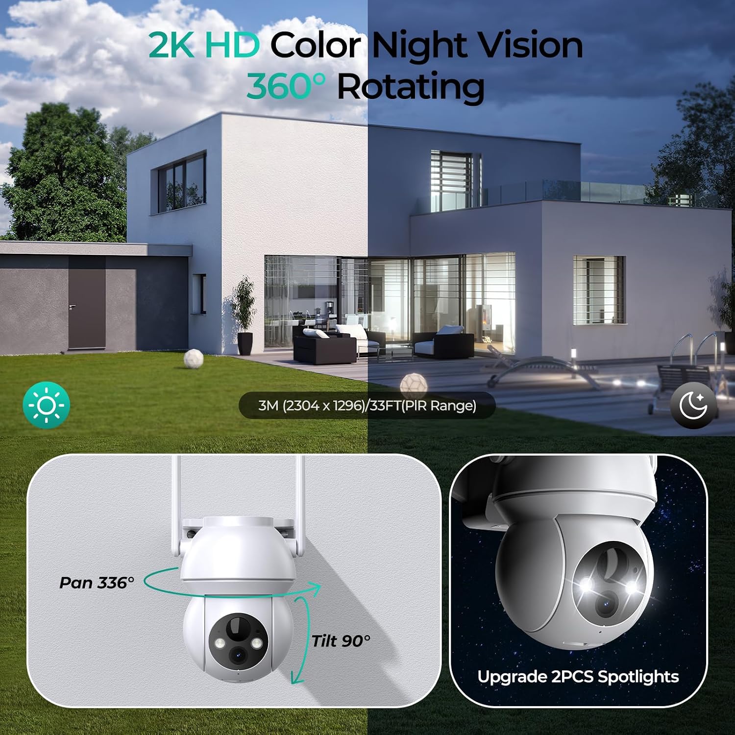 Solar Security Cameras Wireless Outdoor 2K 360° View Battery Powered Cameras for Home Security Camera System with Spotlight Color Night Vision WiFi Camera Outdoor Motion Sensor 2-Way Talk 1 Pack