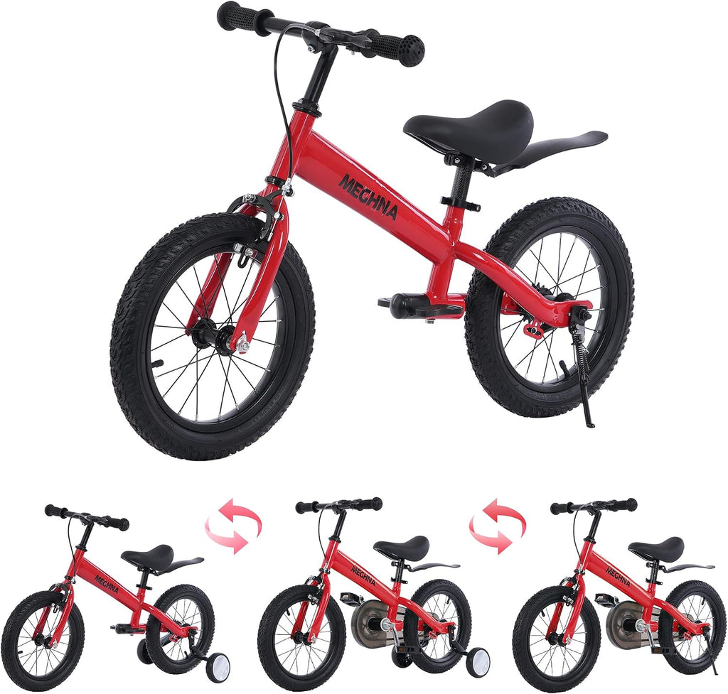 MEGHNA 2 in 1 Toddler Balance Bike 14 inch Wheel Kids Bike Aged 3-7 Years Old with Footrest Detachable Training Wheels Caliper and Coaster Brake Strider Bike for Boys Girls, Easy to Assembly