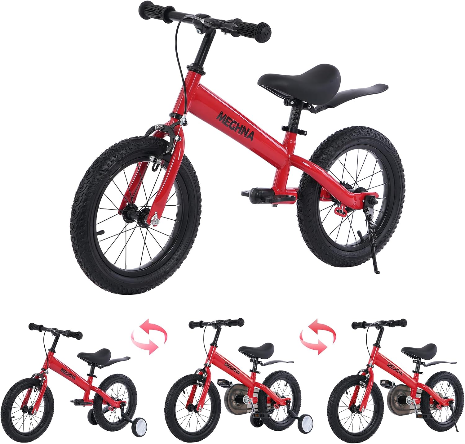 MEGHNA 2 in 1 Toddler Balance Bike 14 inch Wheel Kids Bike Aged 3-7 Years Old with Footrest Detachable Training Wheels Caliper and Coaster Brake Strider Bike for Boys Girls, Easy to Assembly