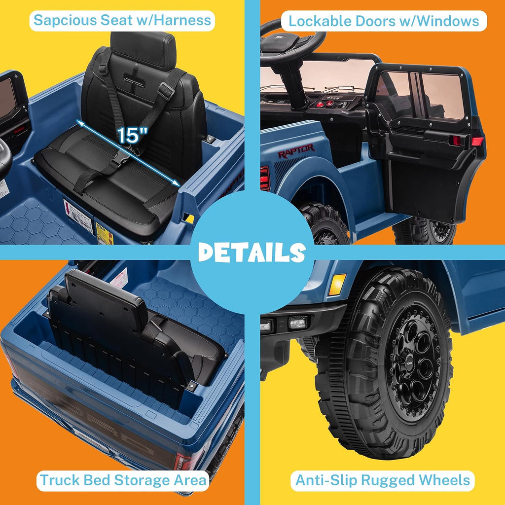 ENYOPRO 12V Licensed Ford F-150 Raptor Toddler Ride On Car w/Remote Control, Battery Powered Kids Electric Car w/LED Lights, Bluetooth, Soft Start, 4-Wheel Shock Absorber, Truck Bed Storage (Blue)