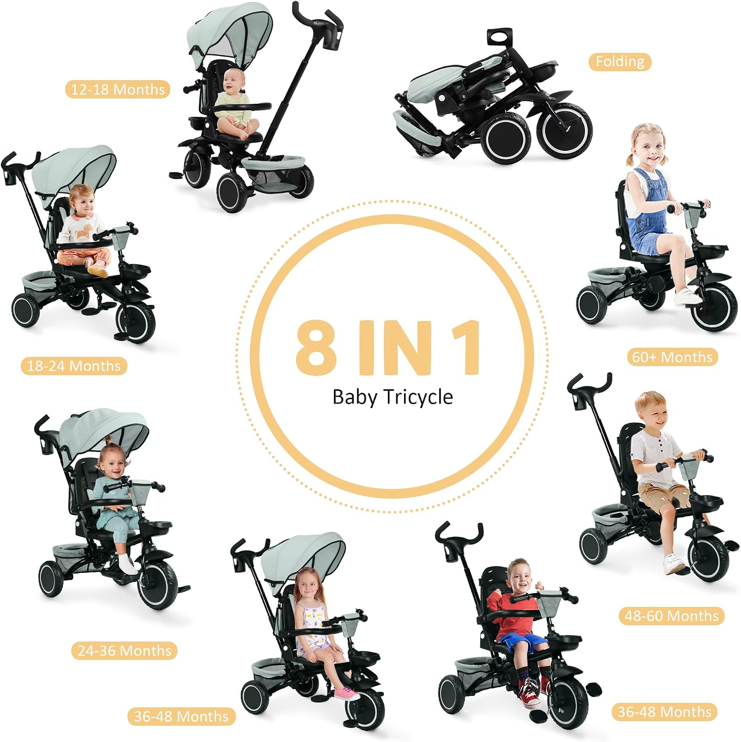 TODEFULL Folding Kids Tricycle, 8 in 1 Toddler Trike W/Removable & Adjustable Canopy, Parent Handle, 5-Piont Harness, Toddler Bike Tricycle for Kids 1-6 Years, EVA Wheels, Storage Basket, Green