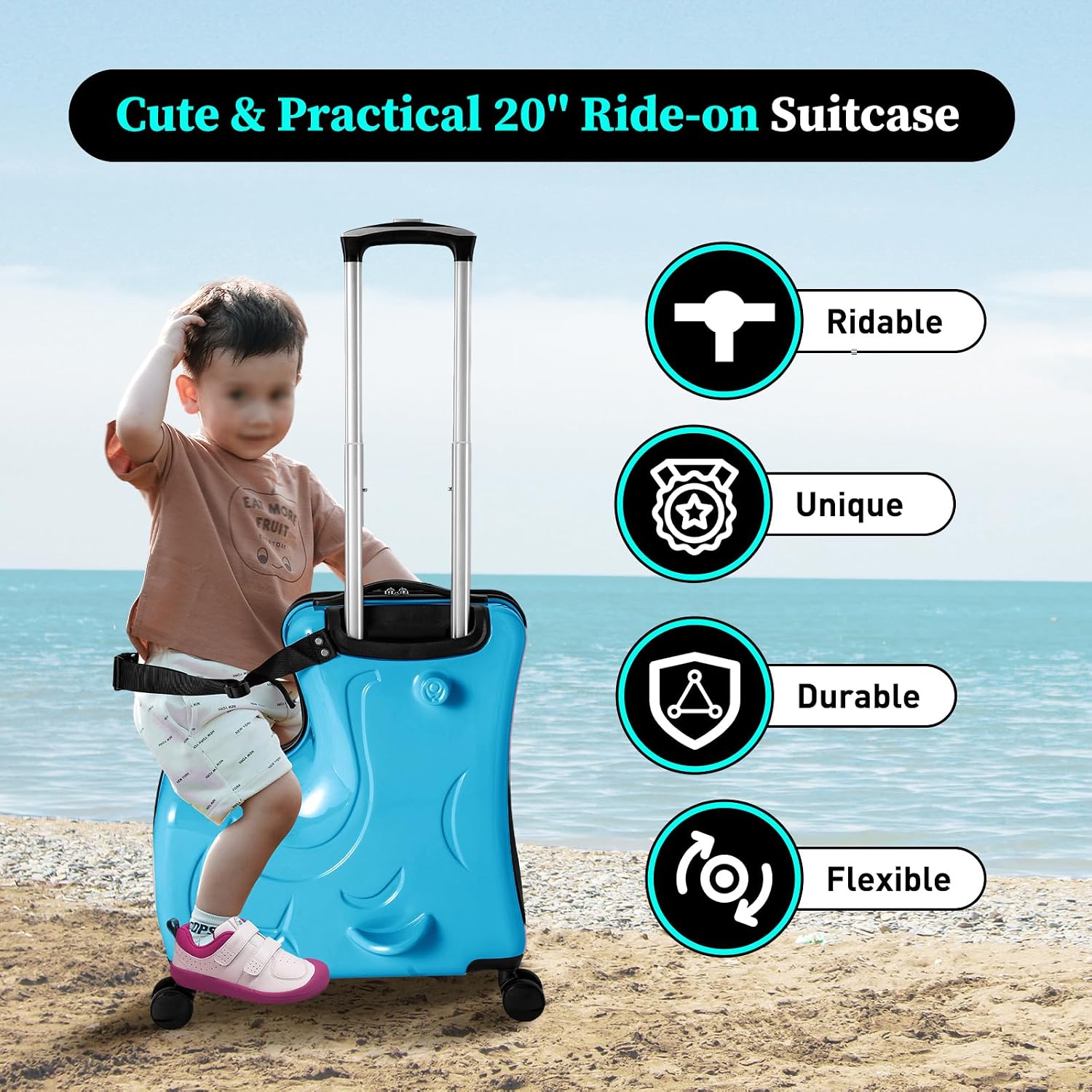 20' Kids Luggage, Rolling Kids Travel Suitcase with Seat and Safety Belt, Children's Ride for Toddler Ages 3-6(Blue)