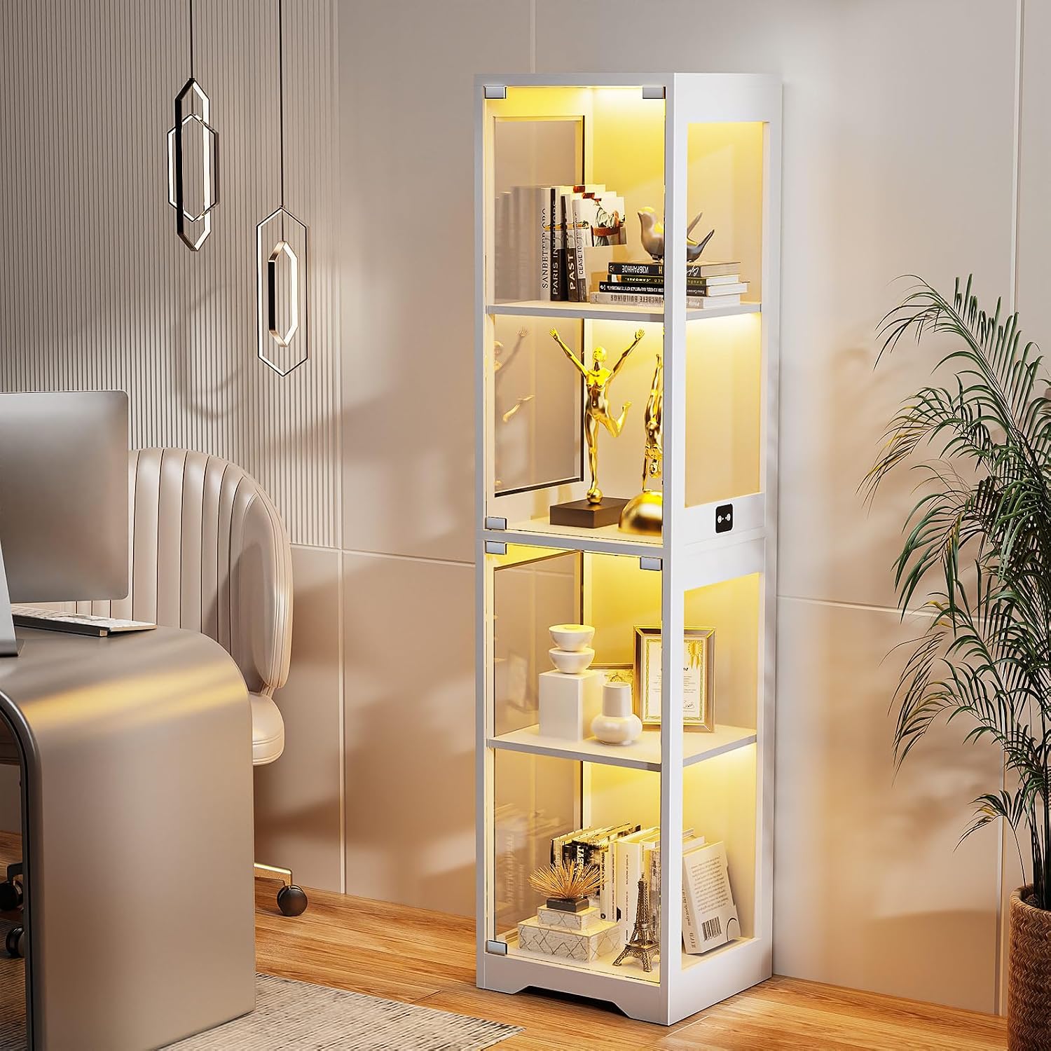 BROTTAR Glass Display Cabinet, 4-Tier Curio Cabinets with 3 Color Lights for Collectibles, Storage Cabinet with Door, Glass Display Case & Bookcase with Human Body Sensor, White